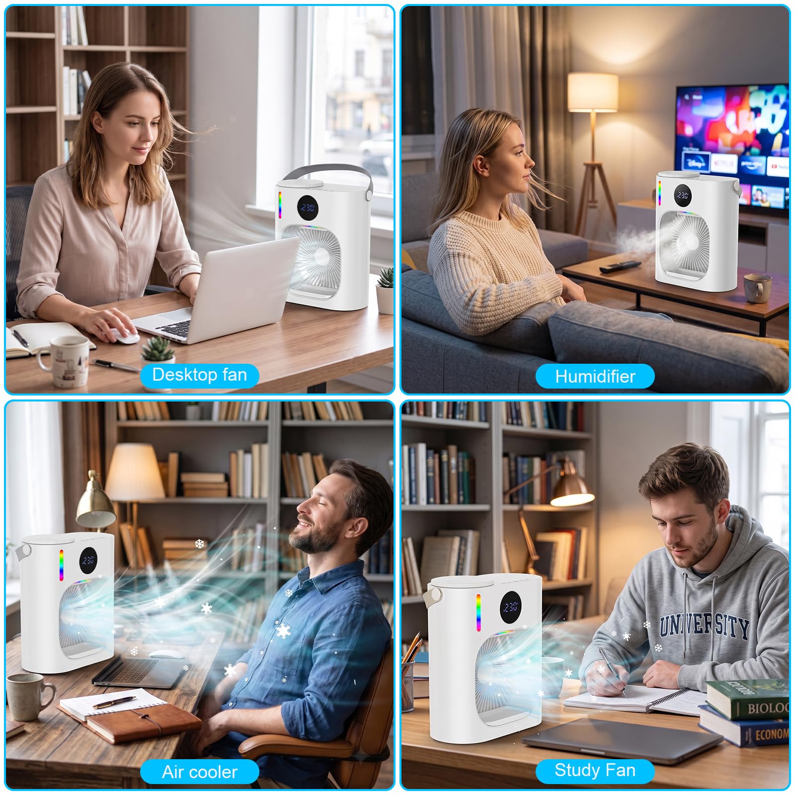 Condizionatore Portatile Silenzioso con 900ml,USB Mini Climatizzatore Evaporativo Ventilatore con 3 Velocità,Raffreddatore D'aria Luci LED & Risparmio EnergeticoIdeale per Spazi Piccoli(Blanco)