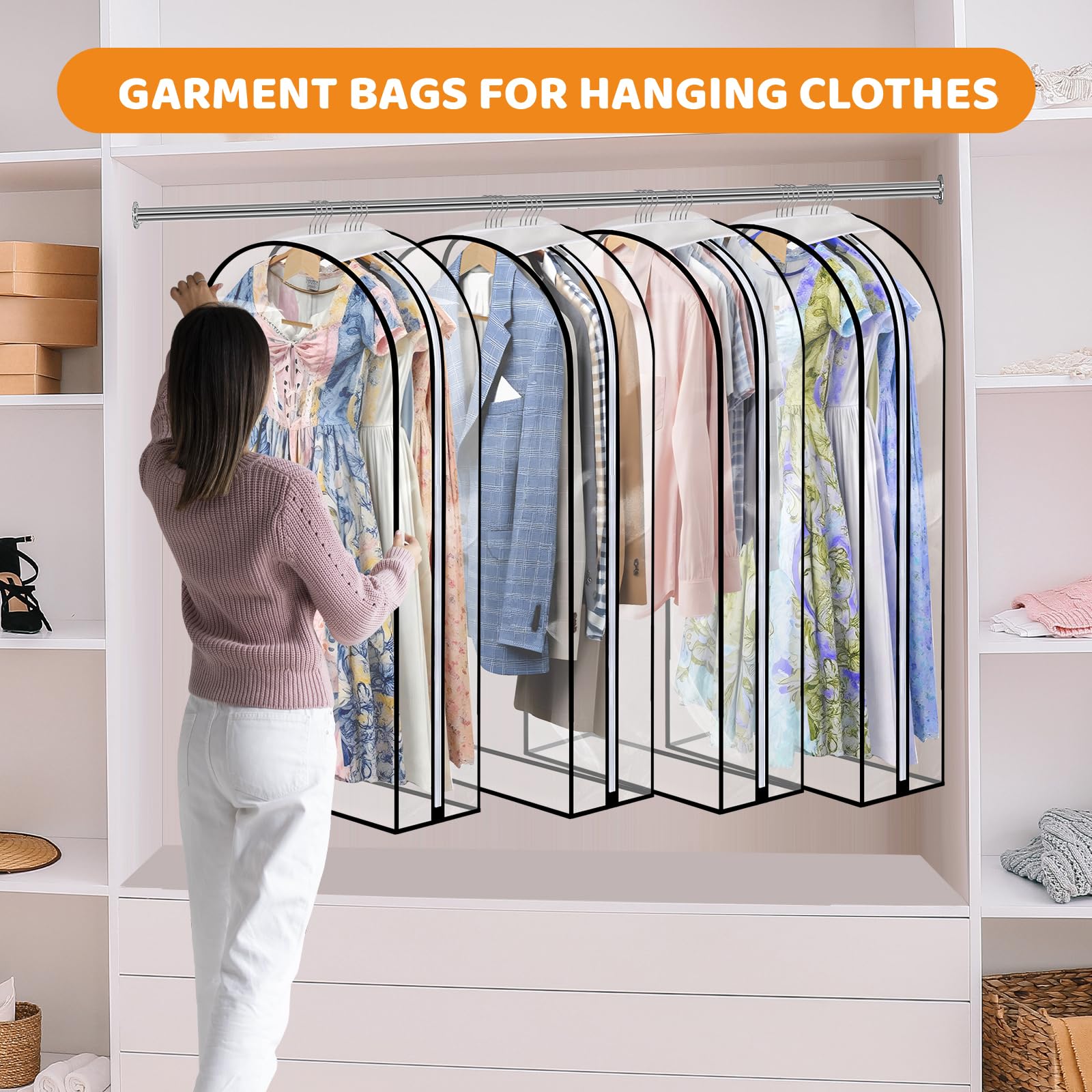 4 Pack Full Clear Garment Bags, 60" Clothes Covers with 10" Gusseted, Transparent Bags for Hanging Clothes Suit Bags - Image 3