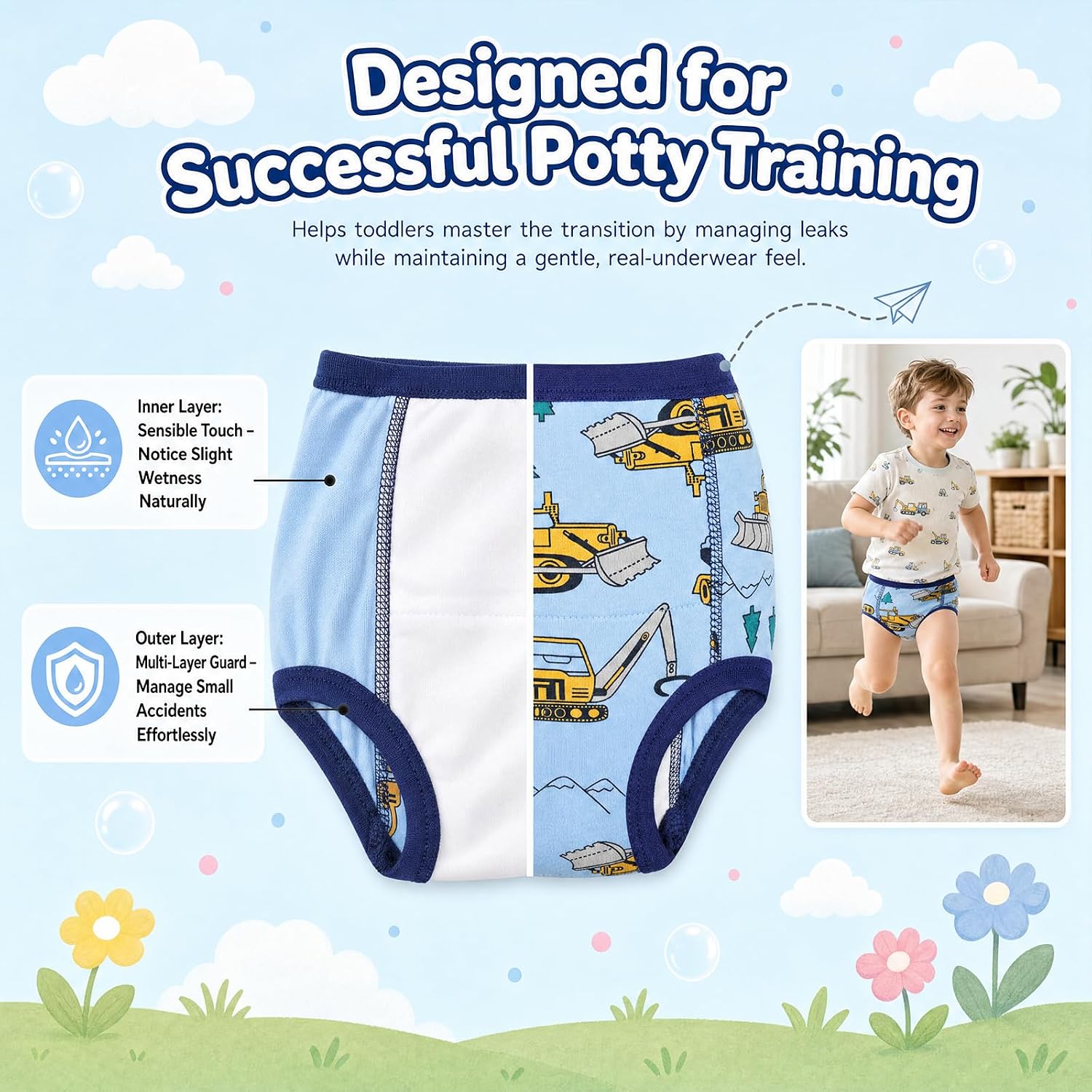 Potty Training Underwear Cotton Absorbent 4 Pack Reusable Toddler Pants for Boys and Girls 2T-9T