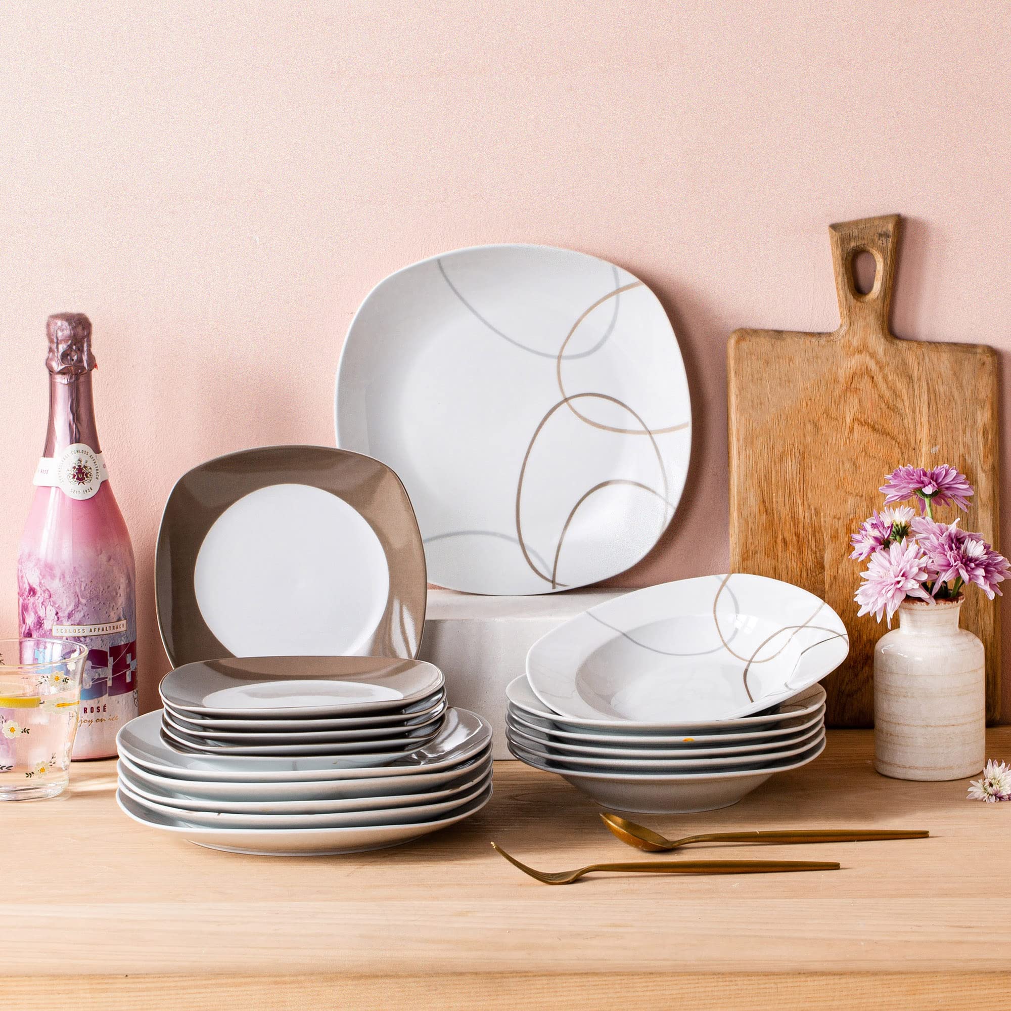 VEWEET 'Nikita' 20-piece avorio bianco Natale cucina Crokery set Brown Lines servizio da tavola in porcellana con 4 portauovo, 4 tazze, 4 piatti da dessert, 4 ciotola, 4 piatti