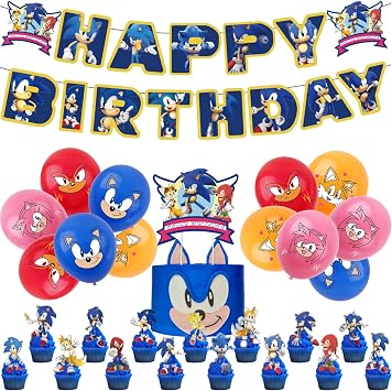 44Pcs Sonic Birthday Decorations - Happy Birthday Banner, Latex Balloons, Cake Toppers, Spiral Hangers for Kids' Sonic Theme Party