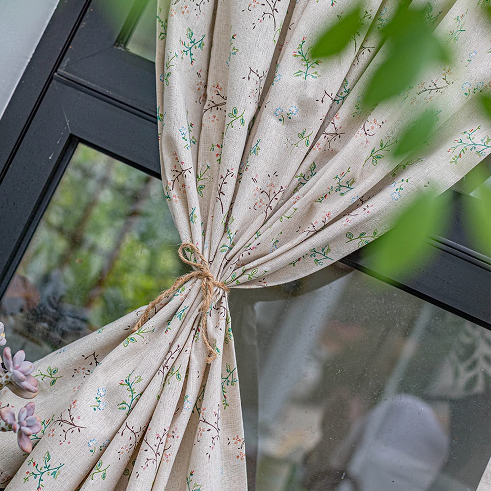 Krótka zasłona kuchenna na małe okno, 1 panel, bawełna, len, kwiat, koronka, rustykalny botaniczny design, półzasłona okienna, kieszeń na karnisz, zasłony bistro.
