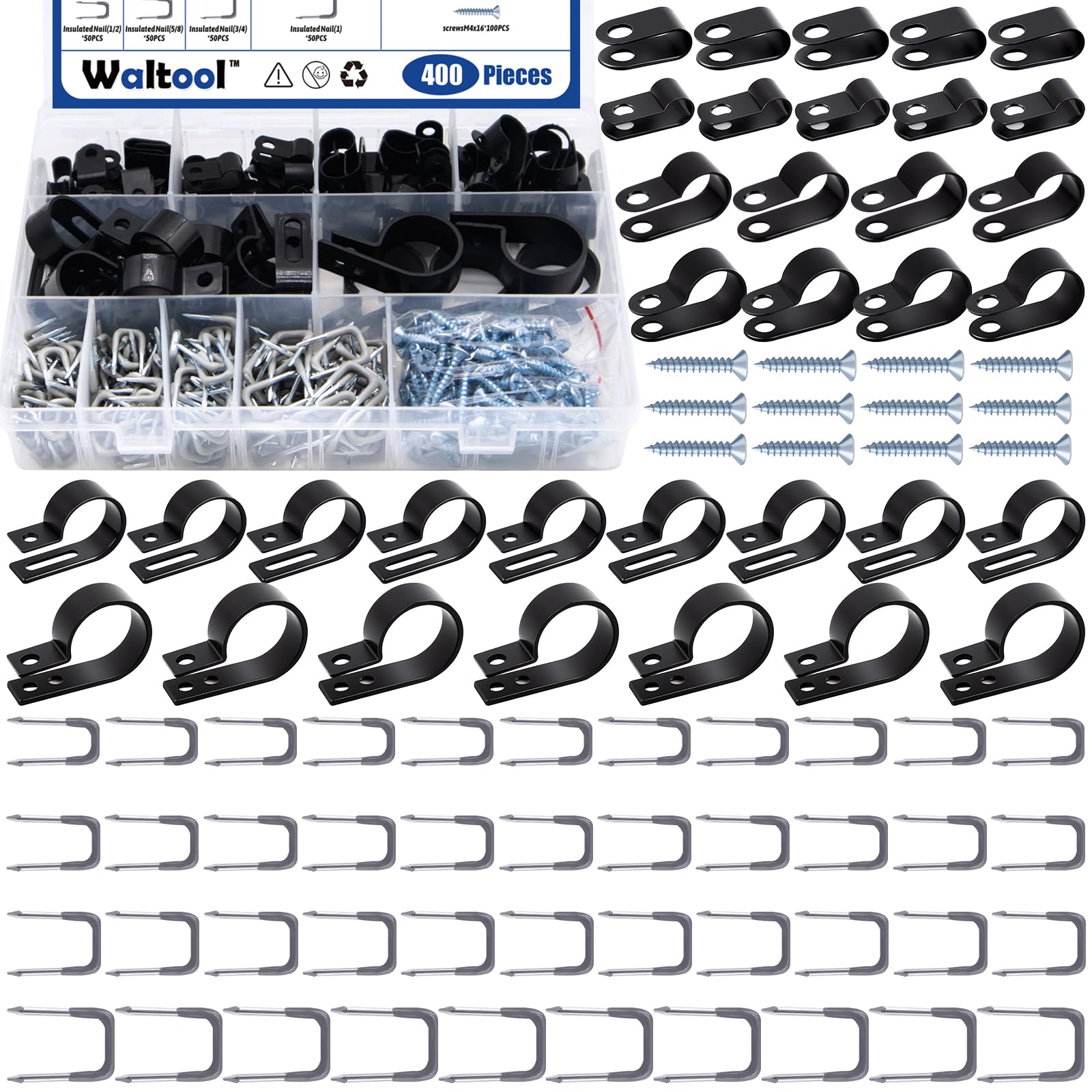 Waltool 400Pcs Cable Clamps Assortment Kit, 3/16'' 1/4'' 3/8'' 1/2'' 3/4'' 1'' R-Type Nylon Wire Clips Fastener, 0.56" 0.44” 0.41" 0.36" Insulated Cord Organizer Nail for Home Office (White) (Black)
