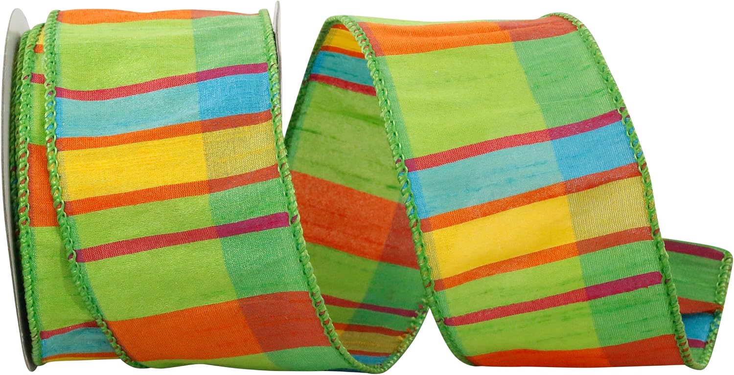 Reliant Ribbon Citrus Life Plaid Wired Edge Ribbon, 2-1/2 Inch X 10 Yards, Green