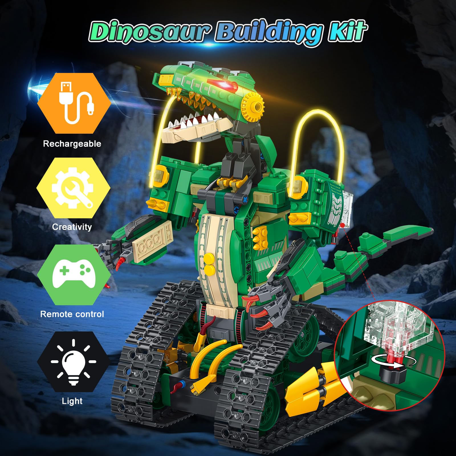 HiWEEGO Technik Roboter für Kinder mit Licht - 5 in 1 Dinosaurier Fernbedienung Bausatz, 877 Teile RC Robot Wiederaufladbar Spielzeug Geschenk für Jungen und Mädchen 8–12 Jahren