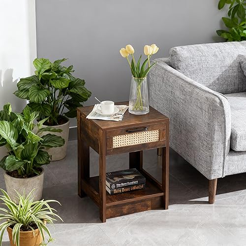 Miniatura 4 de Modern End Table with Rattan Drawer, 21.65" H NightstandSide Table for Bedroom,Brown