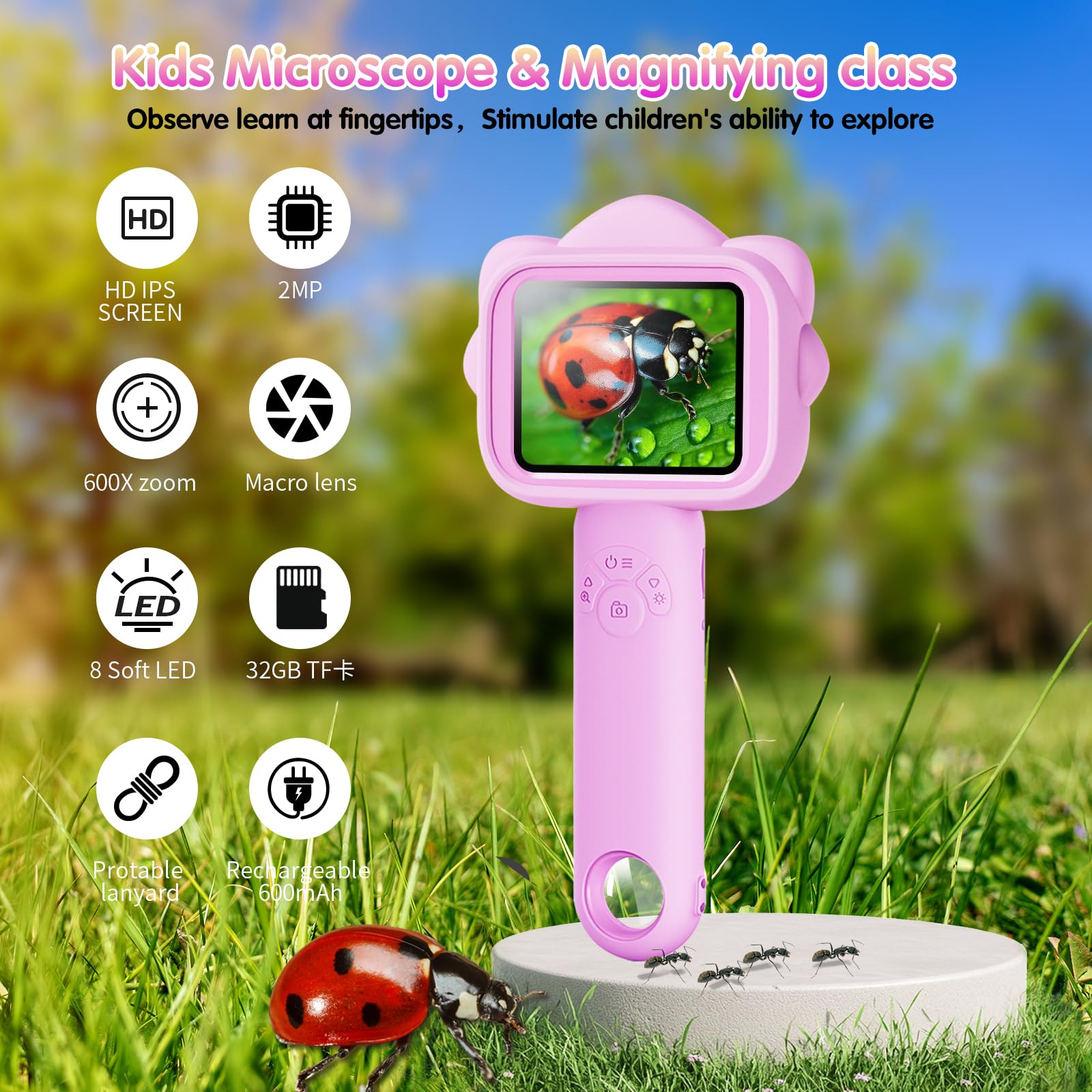 Microscopio para niños, microscopio para niños con diapositiva de muestra, kit de ciencia educativa, microscopios macro de enfoque fijo para niños, aumento de 500x, tarjeta SD de 32 GB incluida 4