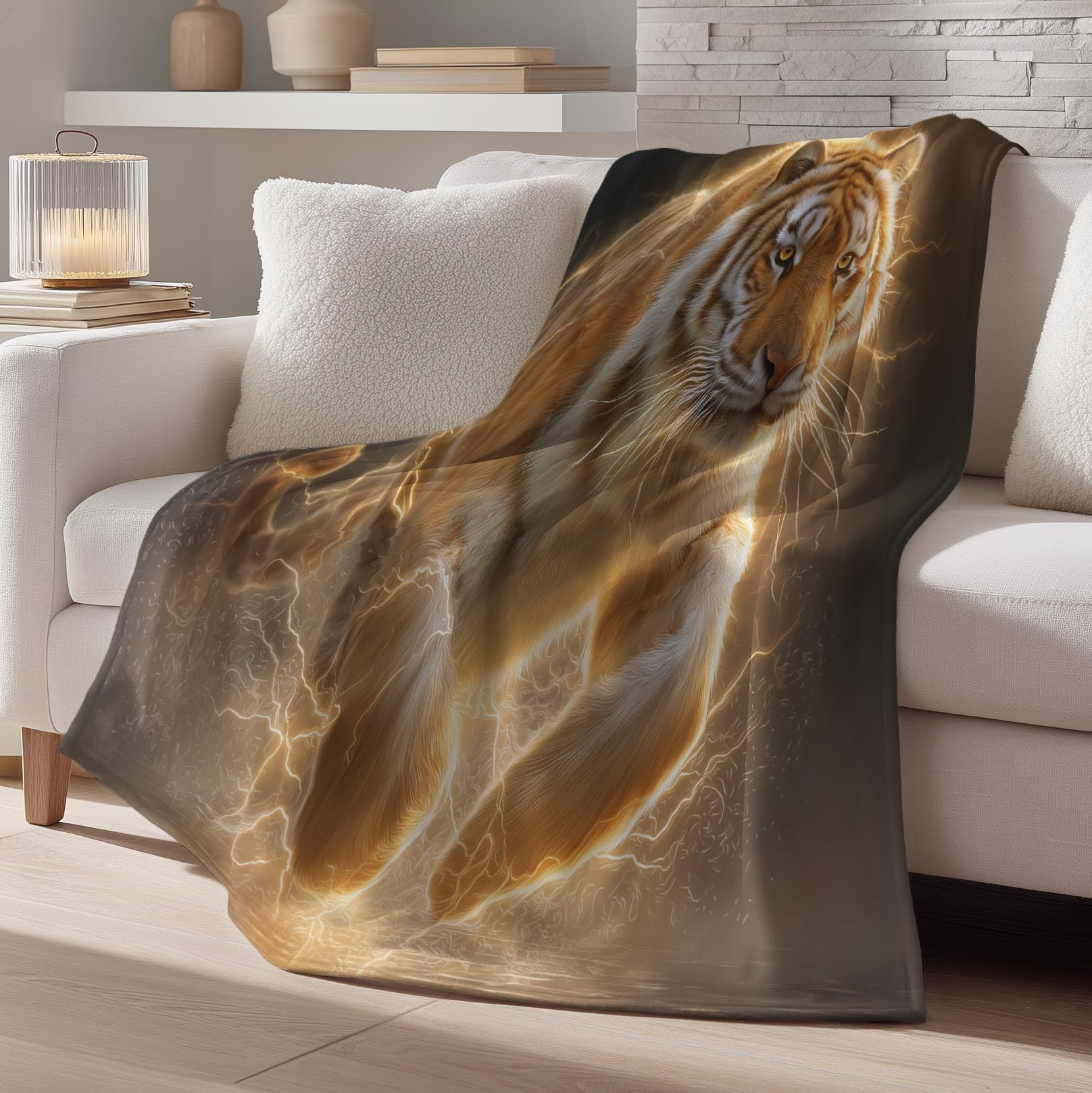 Generico Coperta Pile di Alta Qualità Matrimoniale 220 x 270 cm, Caldo Super Morbida Coperte a Tema Animale, Oro Tigre Luce Elettrica Selvaggio Copriletto per Adolescenti Ragazzi Ragazze e Adulti