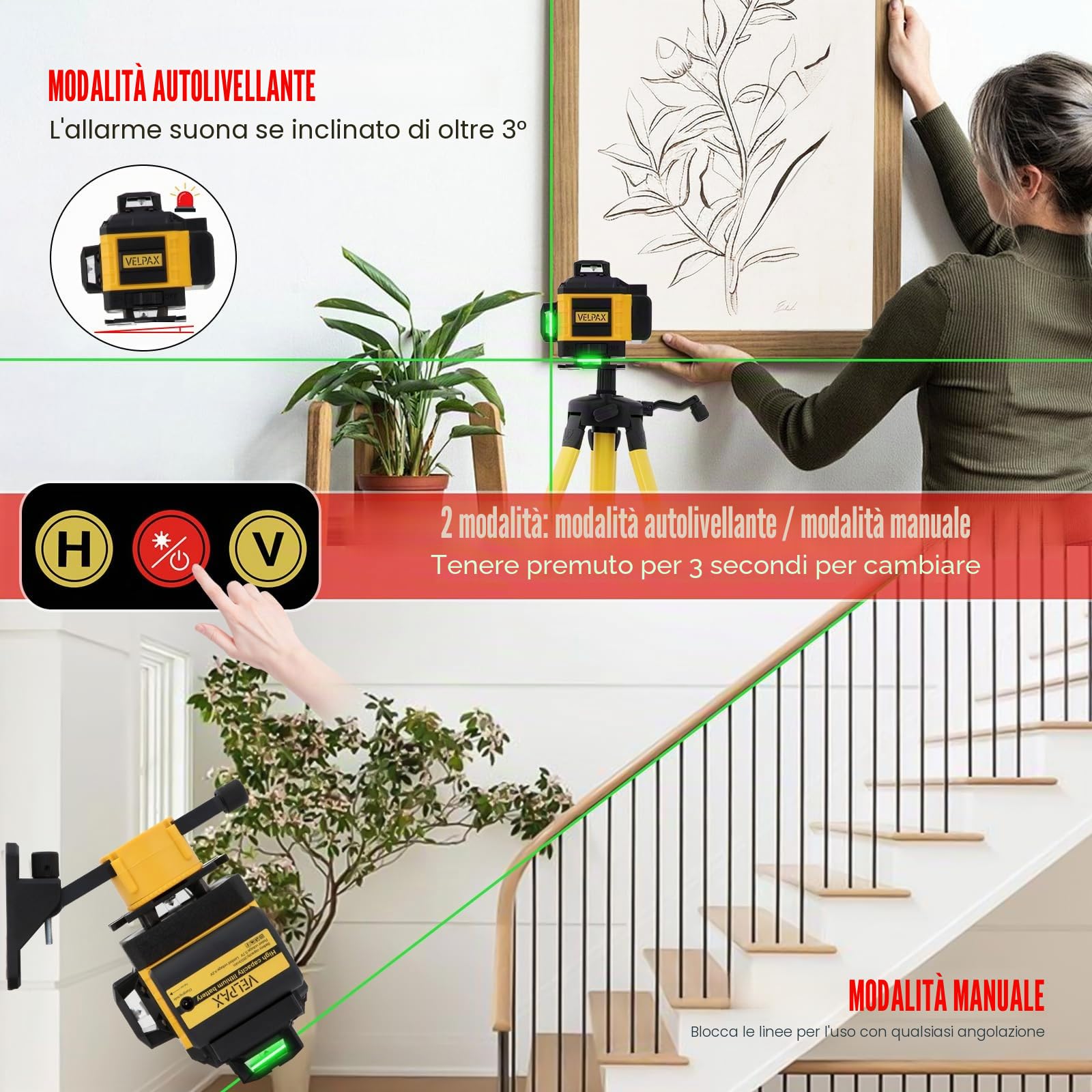 Laser a linee incrociate 16 linee, laser multifunzionale 4D con treppiede, 2 batterie da 2400 mAh, livella laser 4 x 360°, per interni e cantieri edili