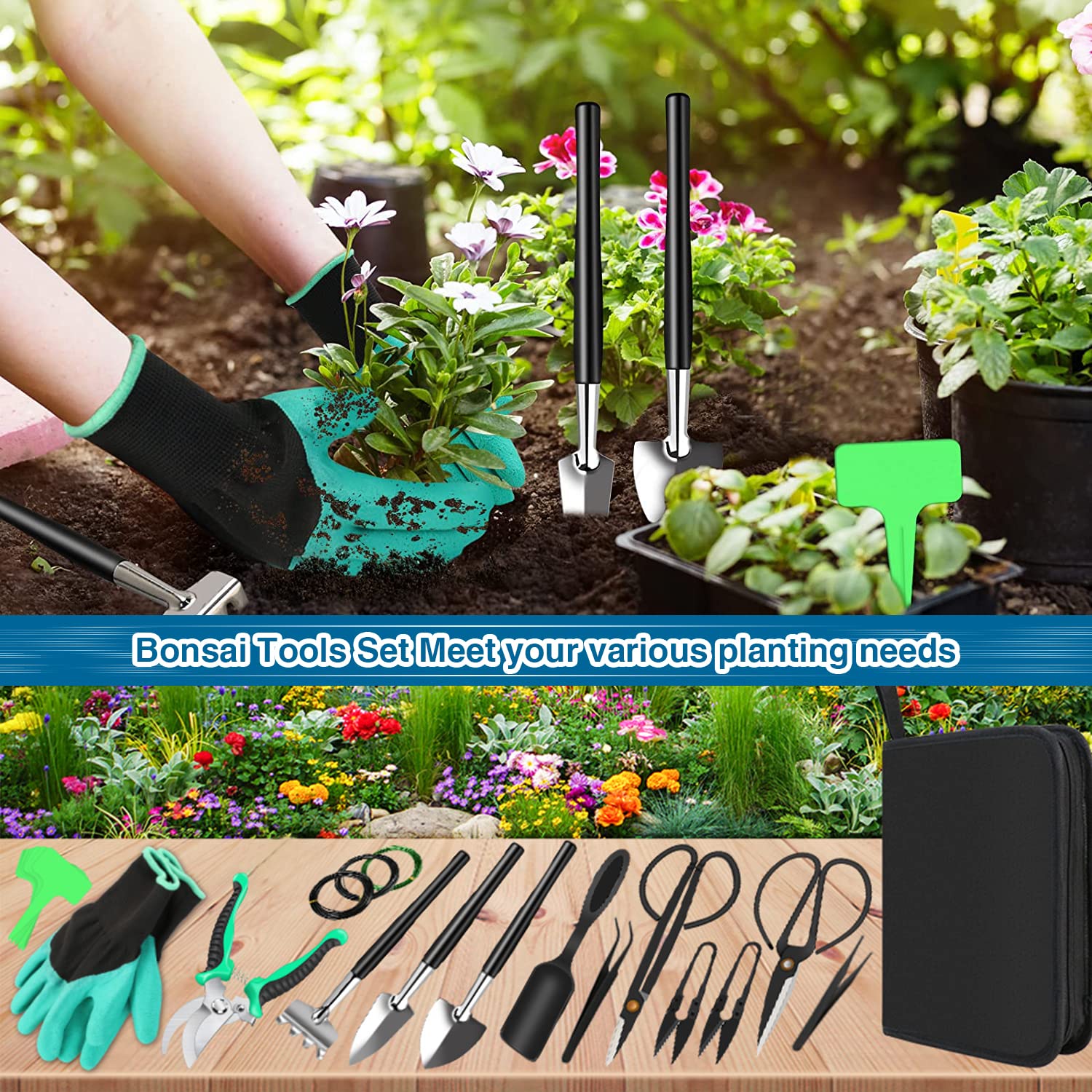 DEWINNER Bonsai Set 24 Piece, Garden Tool Kit, Beginner Gardener Bonsai Gardening Set, Machete, Storage Bag, Gardening Trowel, Mini Rake and Spade, and Garden Gloves (Gants de Jardinage)