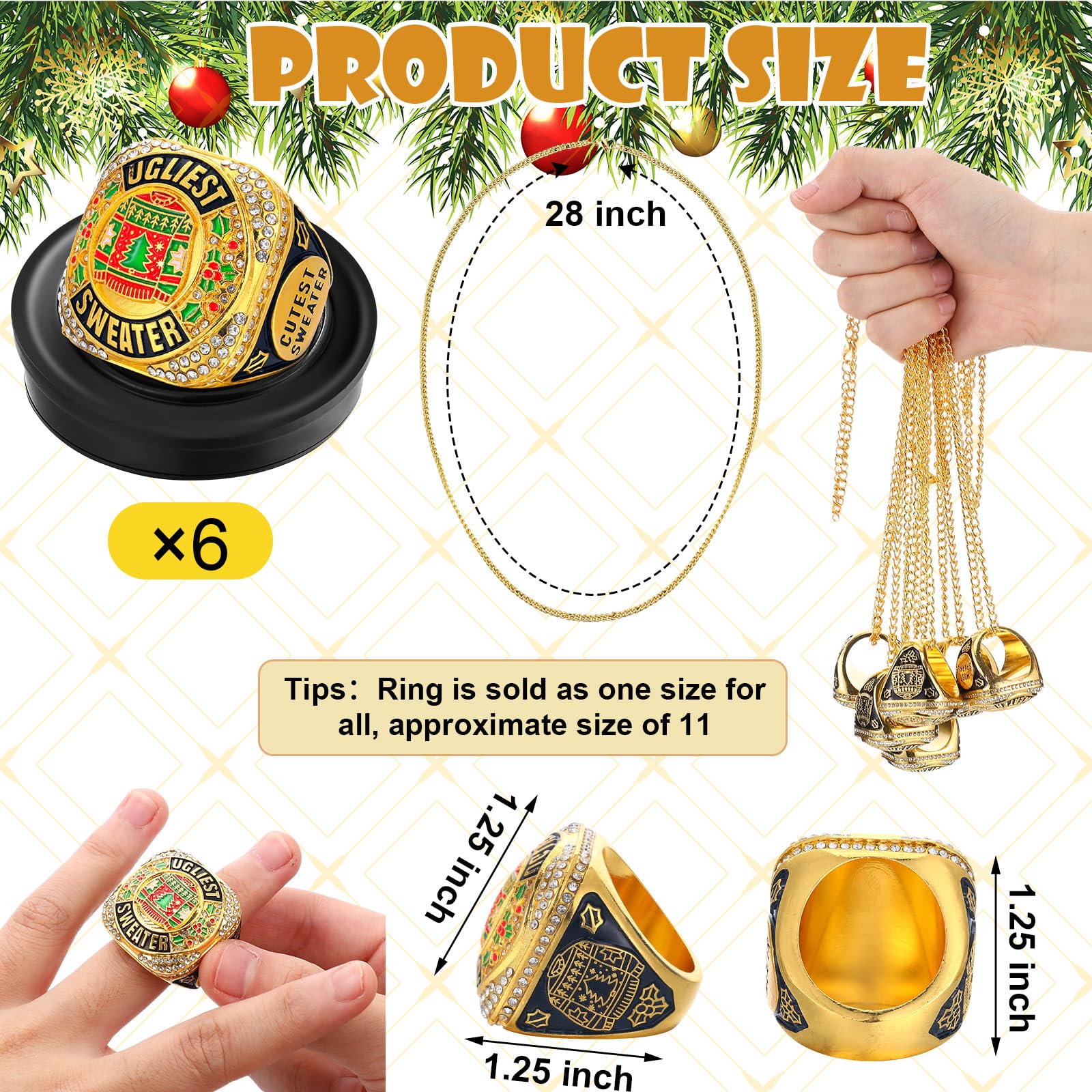 Highergo Ugly Christmas Sweater Championship Trophy Ring Ugly Sweater Costume Contest Award with Display Neck Chain and Stand for Xmas Ugliest Sweater Contest Christmas Party Gift Competition