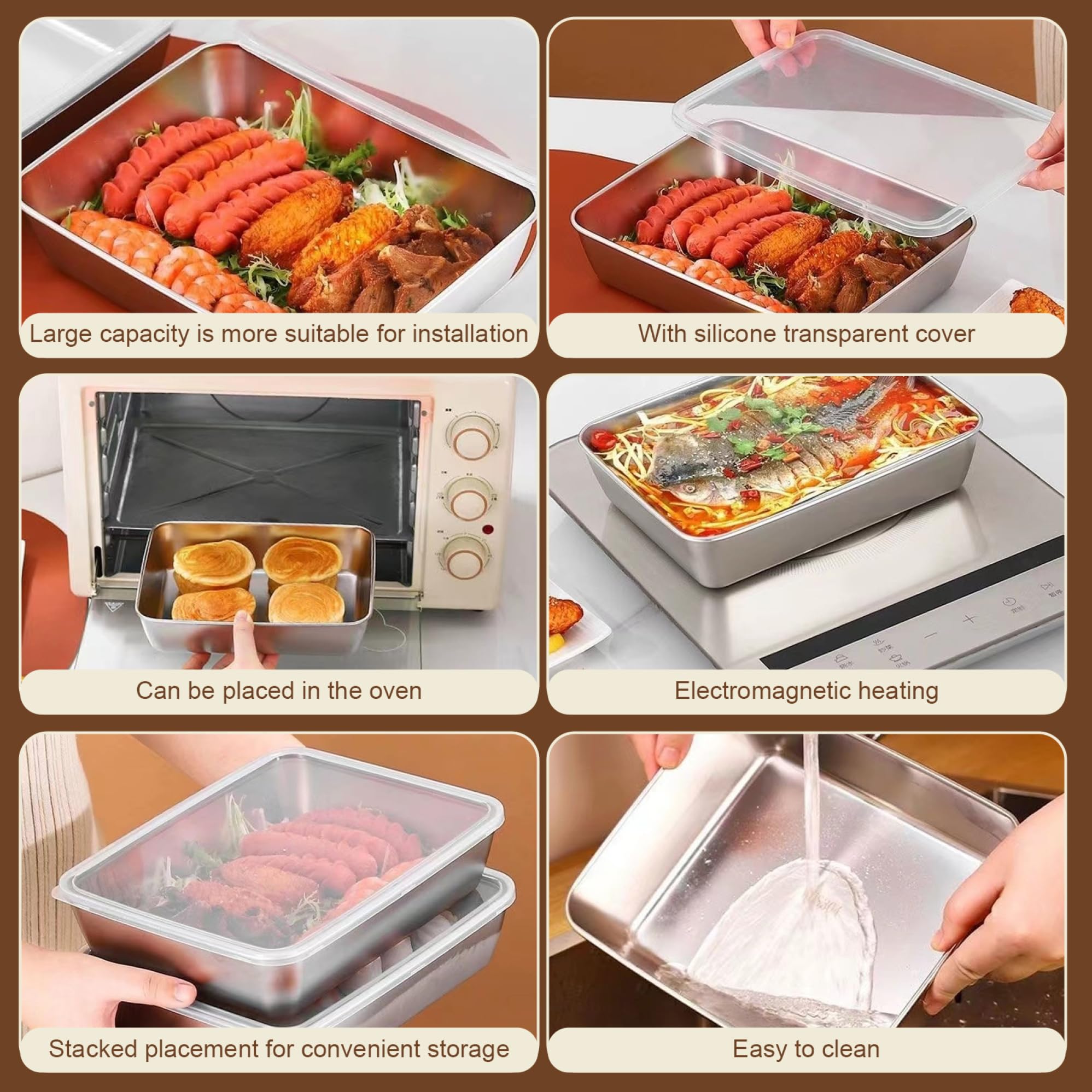 5pcs Edelstahl -Lebensmittelbehälter, stapelbare Lebensmittelablagerungsbox mit Plastikdeckel, Fleischküste für Kühlschrank oder Picknick, Grillparty, Büro Mittagessen, Küchenspeicherorganisation