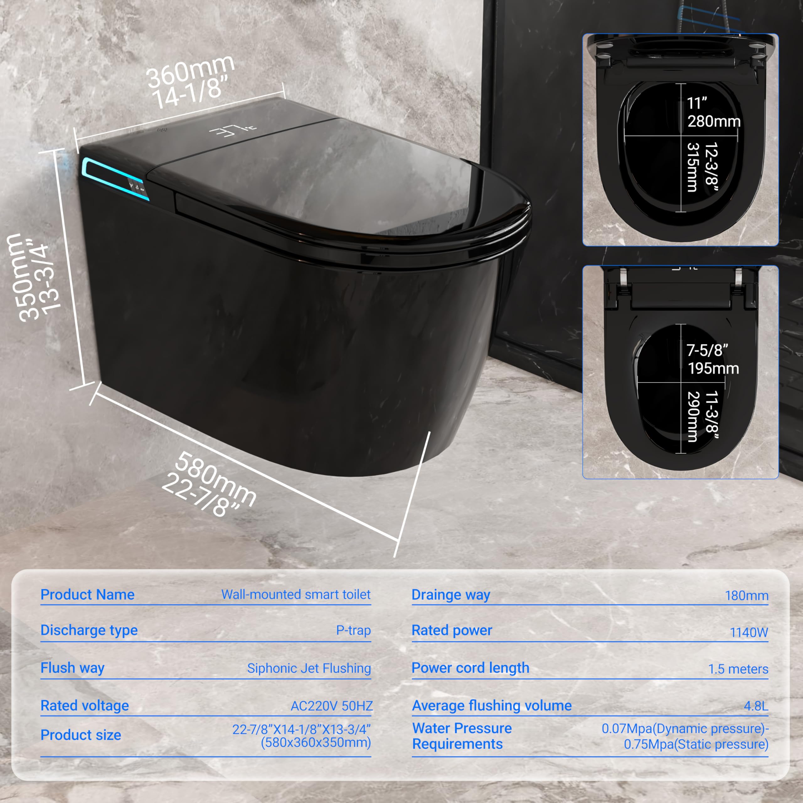 Smart WC nero da appendere alla parete, scarico automatico, coperchio con apertura e chiusura automatica, sedile riscaldato, acqua calda/asciugatrice, moderno bidet allungato con supporto a