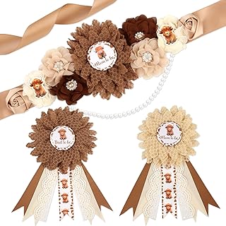 Serencatcher Highland Cow 베이비 샤워 새시 키트, 하이랜드 소 임산부 새시 및 코사지 핀, 브라운 엄마 아빠 투 비 새시 하이랜드 소 베이비 샤워 웨스턴 카우걸 카우보이 성별 공개 파티용
