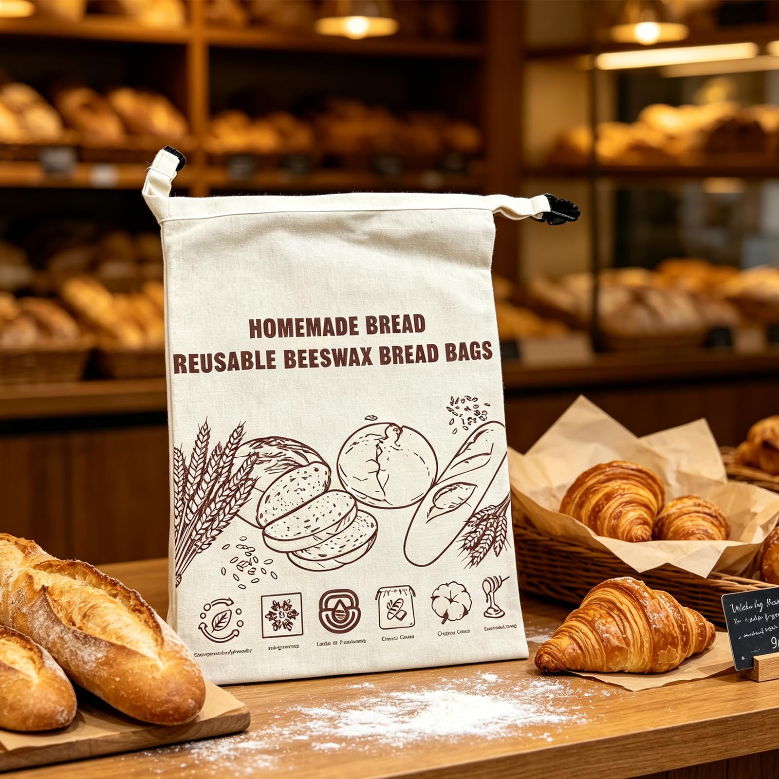 Borsa portapane riutilizzabile in tessuto cotone 33 x 43 cm Organizzatore da bancone da cucina per panettieri domestici Borsa portapane da bancone Borsa portapane in cotone Custodia per pane da