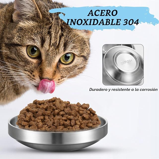 Foto 3 de 8 de 2 Cuencos Planos de Acero Inoxidable Metal 304 para Gatos - Comedero y Agua a Prueba de Caídas