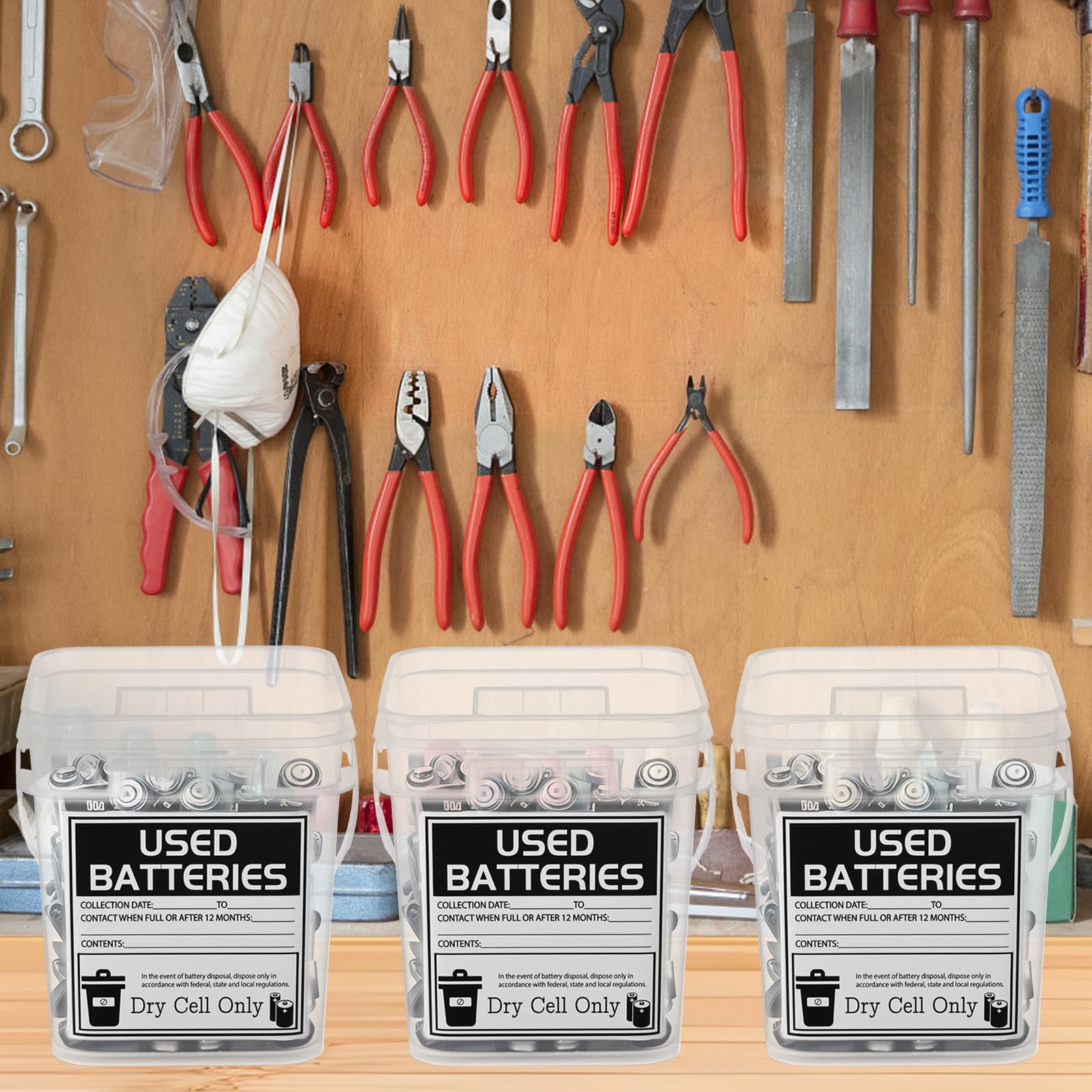 Batterie-Entsorgungsbehälter, 3 Liter, Trockenzellen-Aufbewahrung mit Etikett, Batterie-Recycling-Behälter für sichere Aufbewahrung und Haushalt und Büro (transparent, quadratisch)