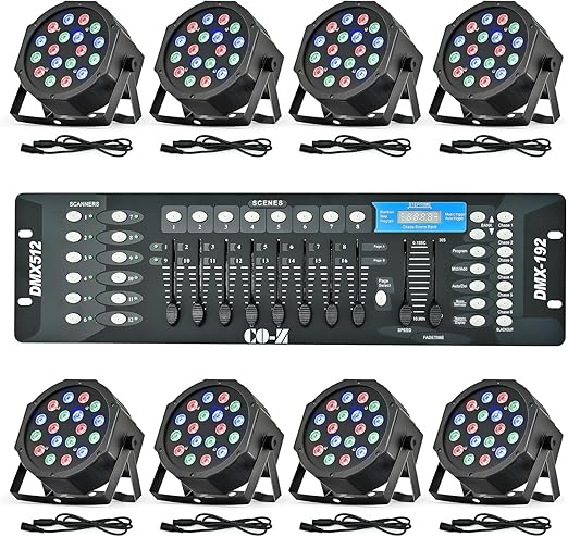 CO-Z LED Stage Lights DMX, 8 pcs 18x3W RGB Par Can Lights Package with DMX Controller Sound Activated Stage Effect Lighting for Party DJ Dance Church Wedding Home Uplighting