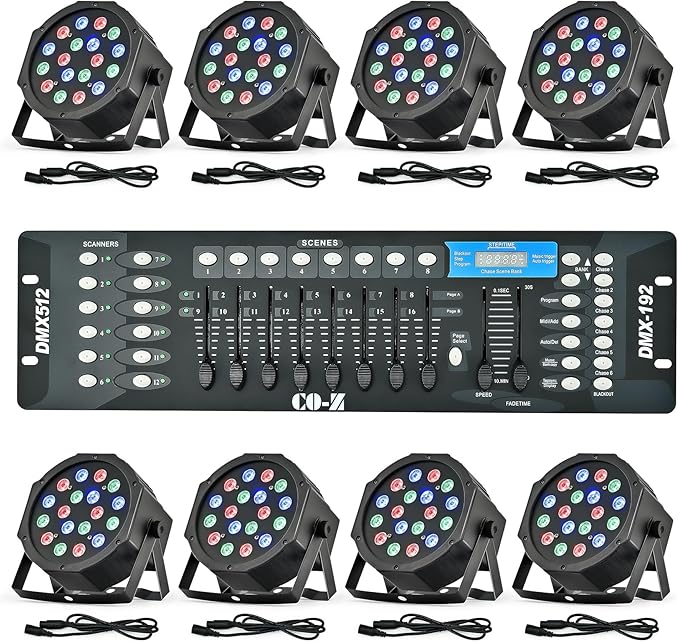 CO-Z LED Stage Lights DMX, 8 pcs 18x3W RGB Par Can Lights Package with DMX Controller Sound Activated Stage Effect Lighting for Party DJ Dance Church Wedding Home Uplighting