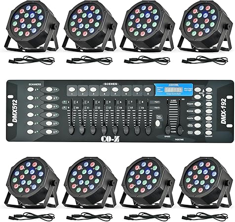 CO-Z LED Stage Lights DMX, 8 pcs 18x3W RGB Par Can Lights Package with DMX Controller Sound Activated Stage Effect Lighting for Party DJ Dance Church Wedding Home Uplighting