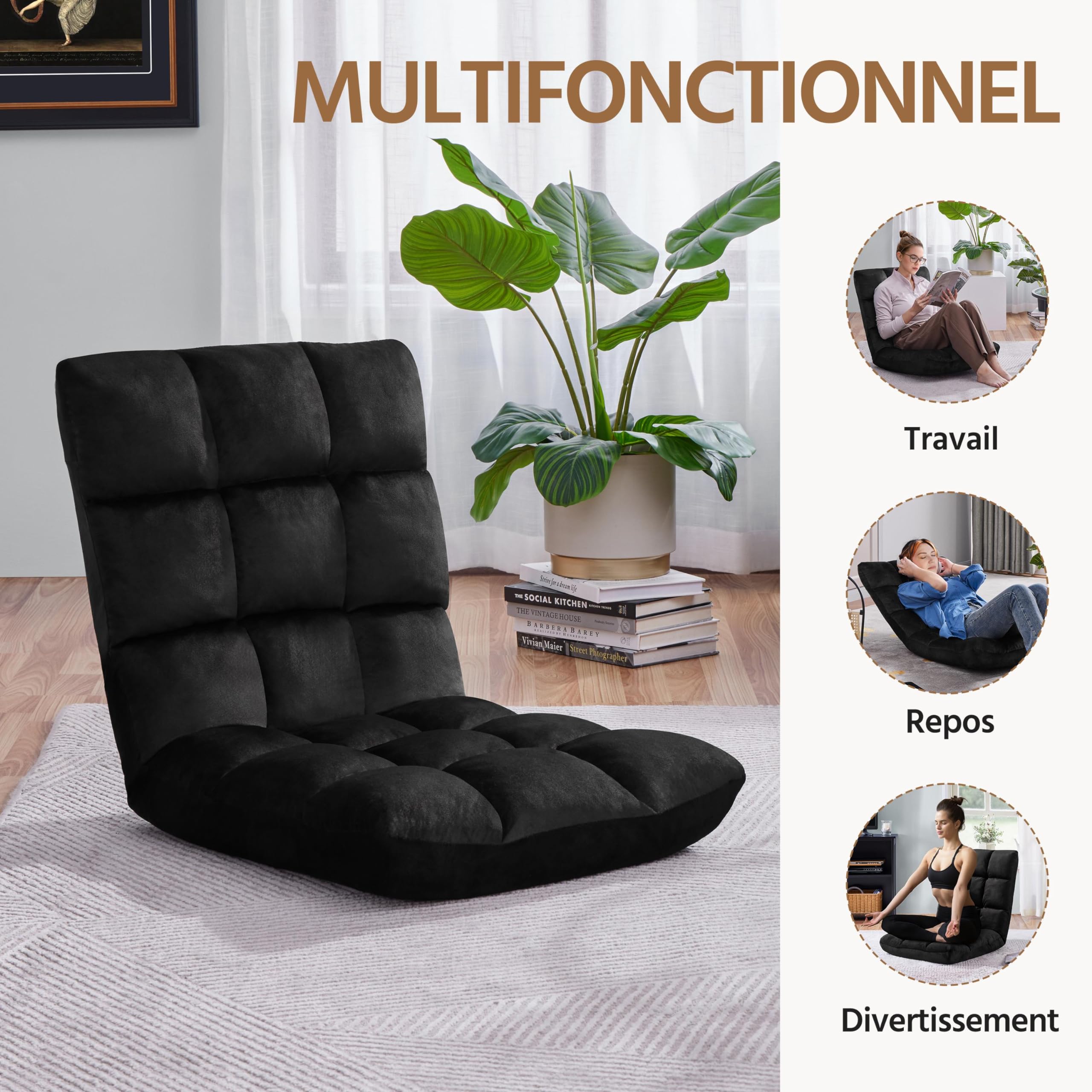 Yaheetech Fauteuil de Sol Pliable Paresseux Tatami Chaise de Sol Dossier Multiposition Fauteuil Bas Convertible pour Salon Maison Bureau Noir