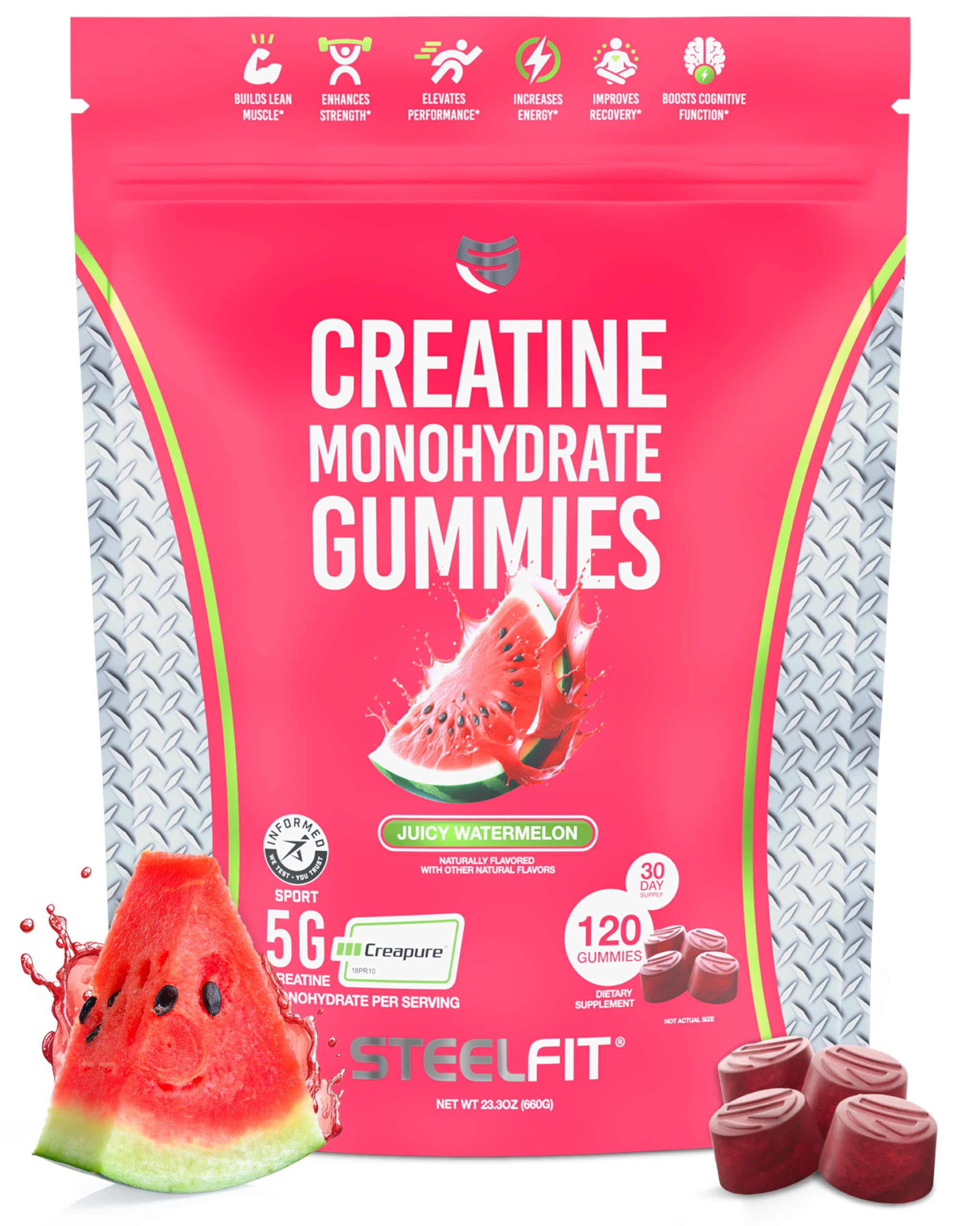 SteelFit Creapure Creatine Monohydrate Gummies for Men & Women, Juicy Watermelon - Gym Workout Nutritional Supplements for Muscle Gain, Brain Health & Strength Building Dietary Supplement, 120 Gummies
