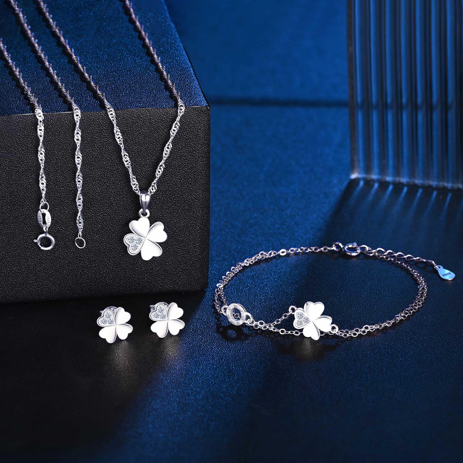 Conjunto joyas de 3 piezas, collar de plata trébol para mujer, pulsera de cadena trébol, y pendientes de trébol para niña, plata de ley 925 juegos de joyas para novia mamá hija fiesta