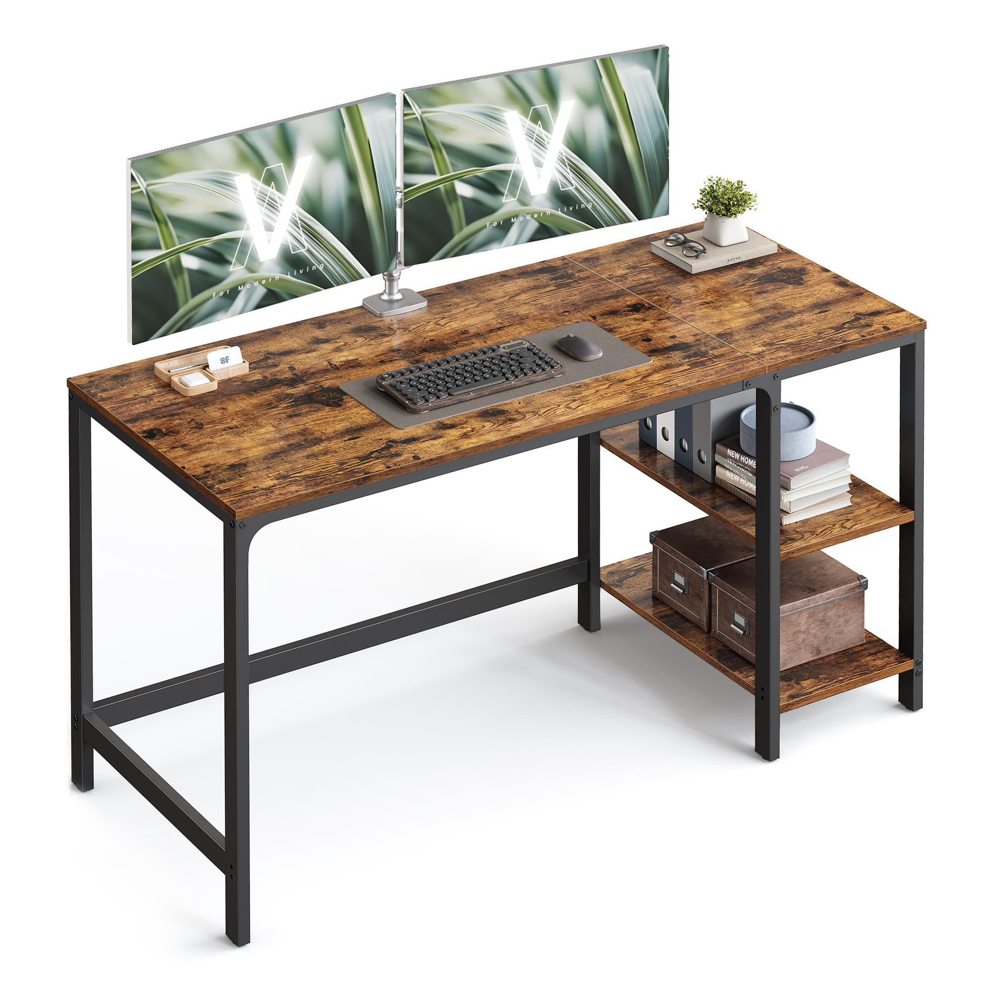 Computer Desk, Desk with 2 Shelves Left or Right, Work Desk for Office Room, Steel Frame, Industrial, Rustic Brown and Black LWD55X