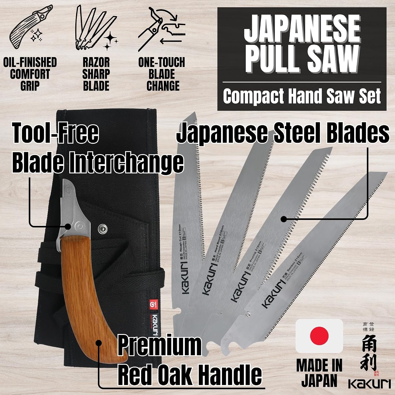 KAKURI Japanese Hand Saw Set - Compact Pull Saw [Rough Cut 8.2", Hardwood 8.2", Pruning 8.2", Bamboo Cutting 8.2"] - Red Oak Handle with Oil Finish, Canvas Carrying Case - Made in Japan