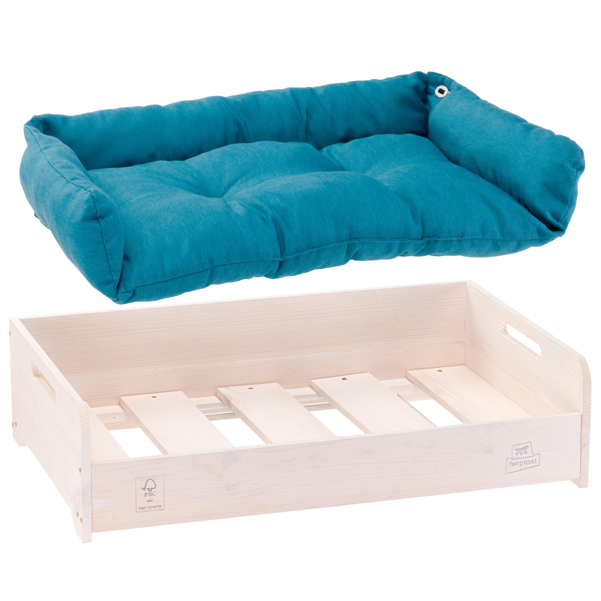 Ferplast Cuccia Cane e Gatto con Cuscino HALL, Lettino per Cani Gatti Lavabile, in Legno FSC, Cuccia per Cane da Interno, Cani Piccoli e Gatti, Traspirante e Antiscivolo, 67 x 43 x h 17 cm