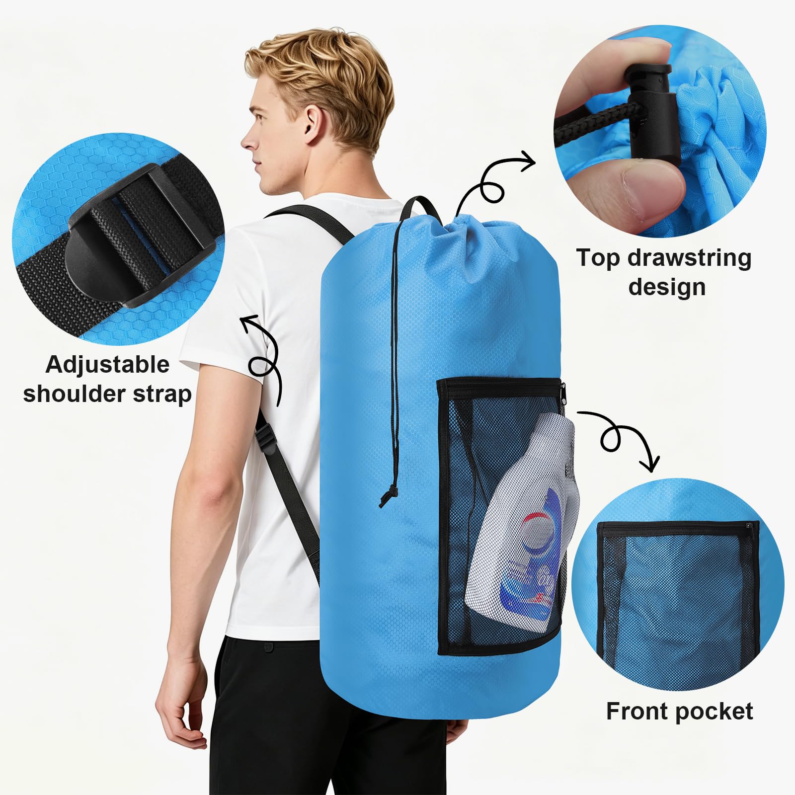 Bolsa de lavandería duradera con correas para los hombros y bolsillos de malla, bolsa portátil para ropa sucia para dormitorio universitario (azul)