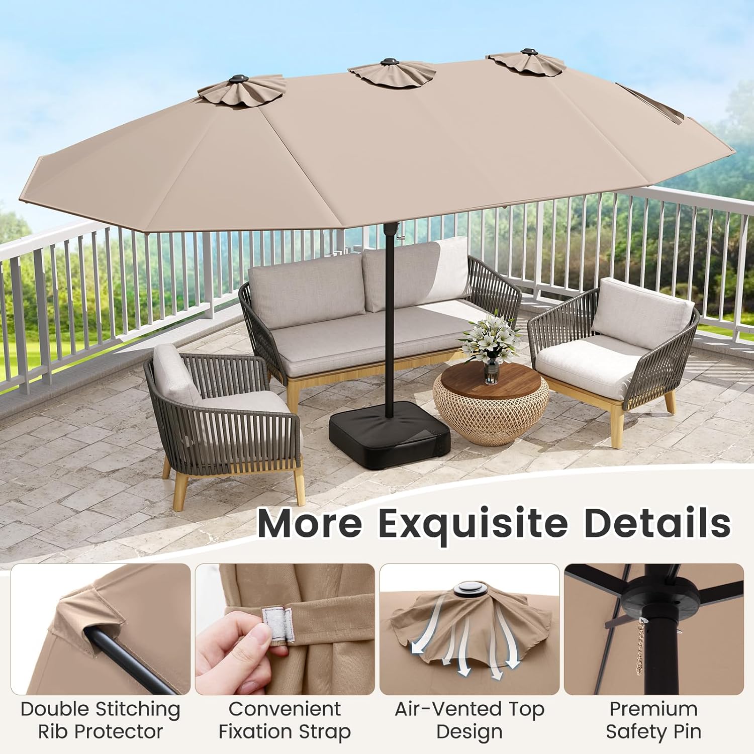 BECOMFORT 15Ft Large Double Side Patio Umbrella w/Base Included, Extra Large Outdoor Umbrella w/ 12 Metal Ribs, Air Vents, Crank System & Sand Bags, Twin Umbrella For Garden Backyard Pool (Coffee)