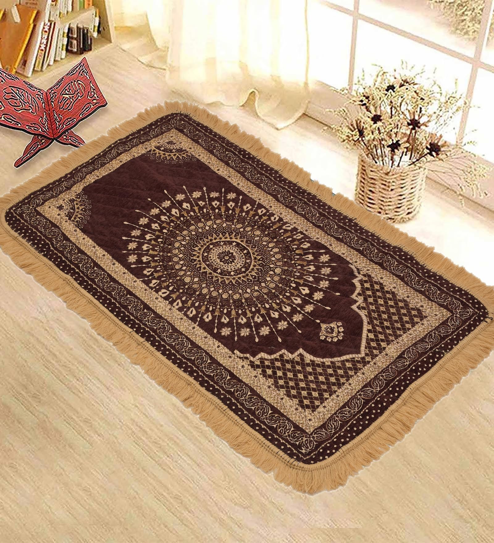 COZY FURNISH Cross-Stiched Velvet Janamaz, Thick, Anti Skid, Soft and Comfortable Big Prayer Mat 2.3X3.75(Feet) 72X115(CM) 28X45(Inches) Pack of 1 Velvet Janamaz,Prayer Mat for Namaz