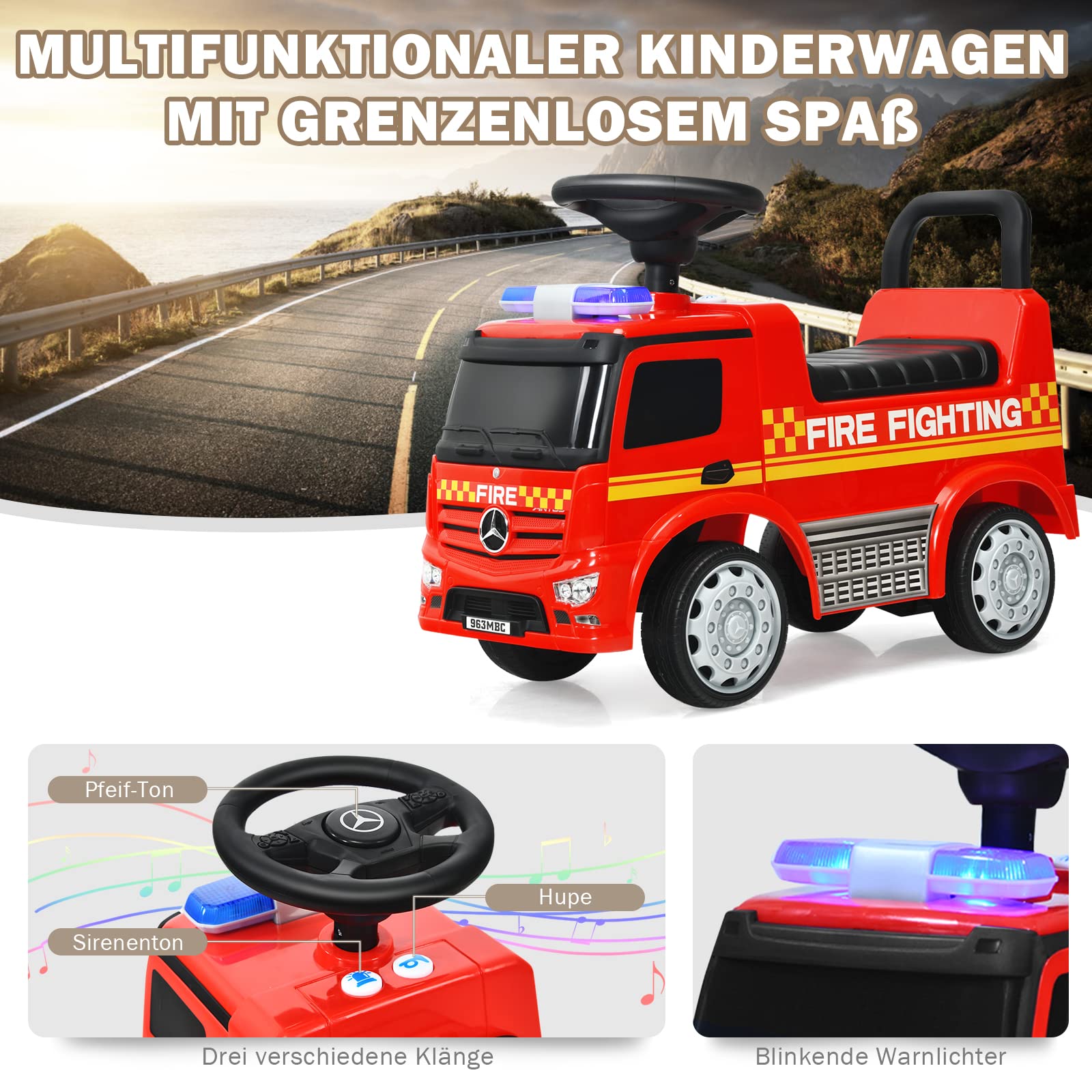 DREAMADE Rutschauto mit Lichter, Musik und Sirene, Rutscher für Kinder 18-36 Monate, Rutscherfahrzeug mit Kippkübel & Abnehmbarer Schaufel (Feuerwehrwagen)