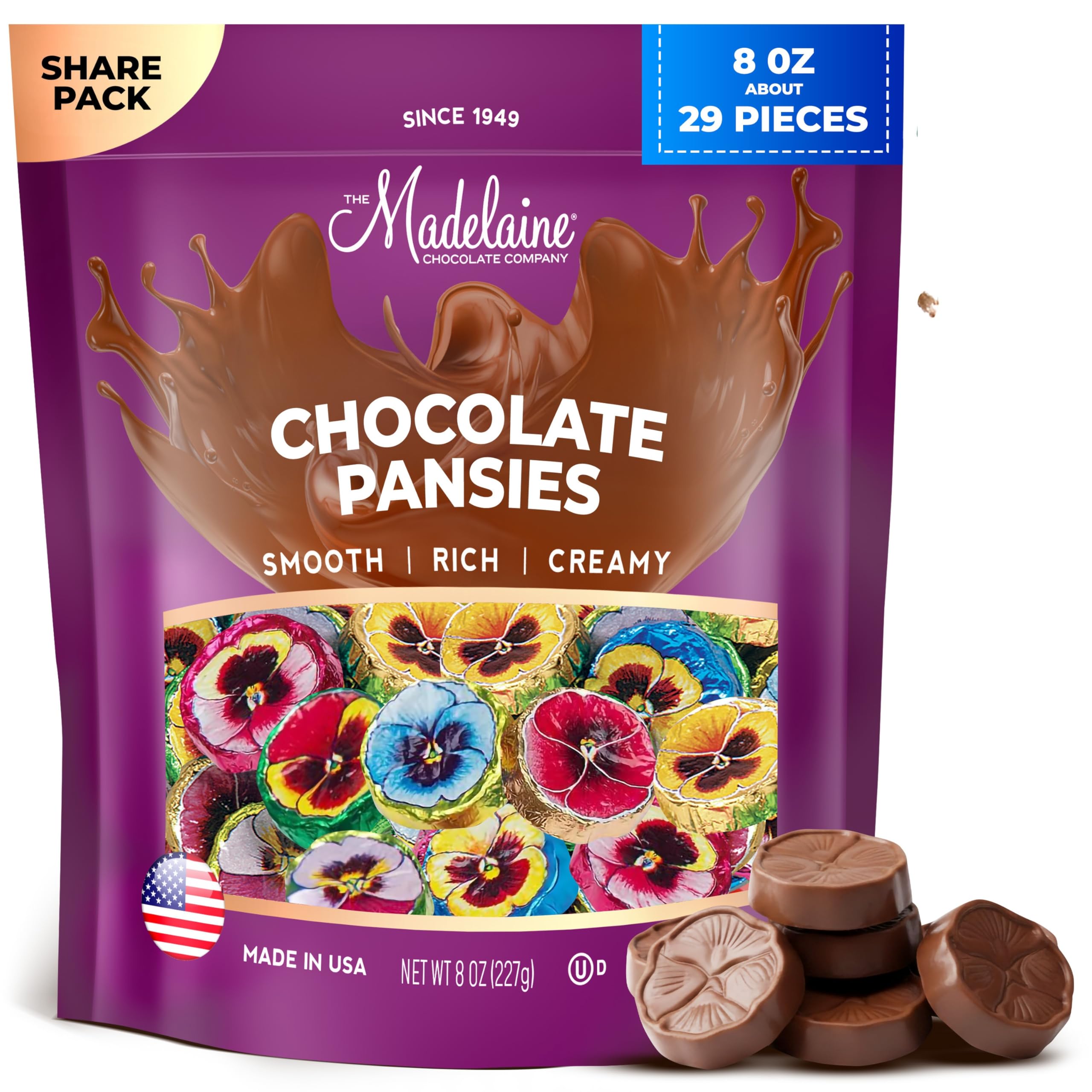 Madelaine Solid Premium Milk Chocolate Pansy Flowers Wrapped In Assorted Colors Of Italian Foil (1/2 LB)
