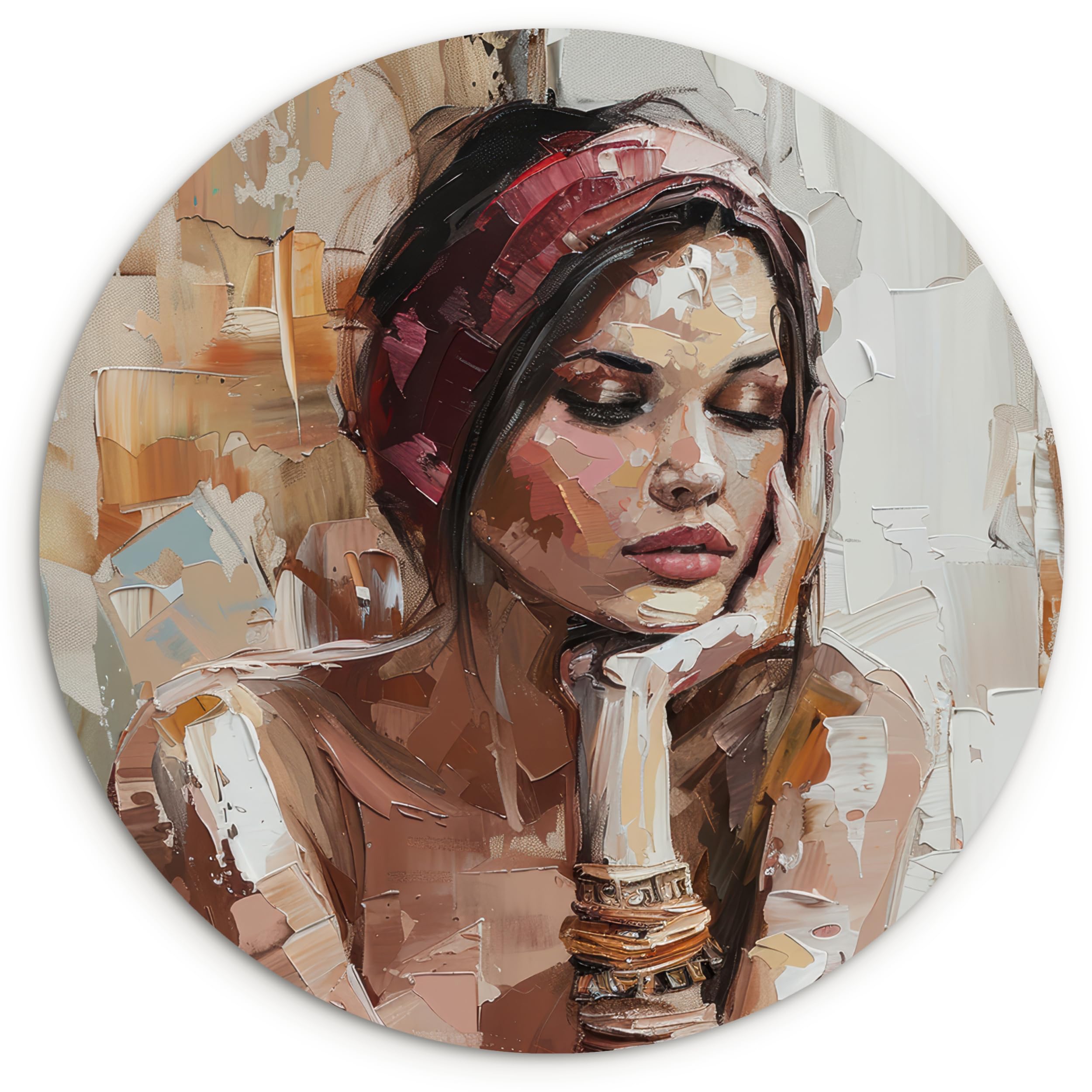 MuchoWow© Quadro Rotondo Ø60 cm Salotto Ufficio Cuadro Moderne Finestre Design Murale Bedroom Stanza Fiori Natura Soggiorni Grande Pareti Donna - Sguardo pittorico - Ritratto - Moderno