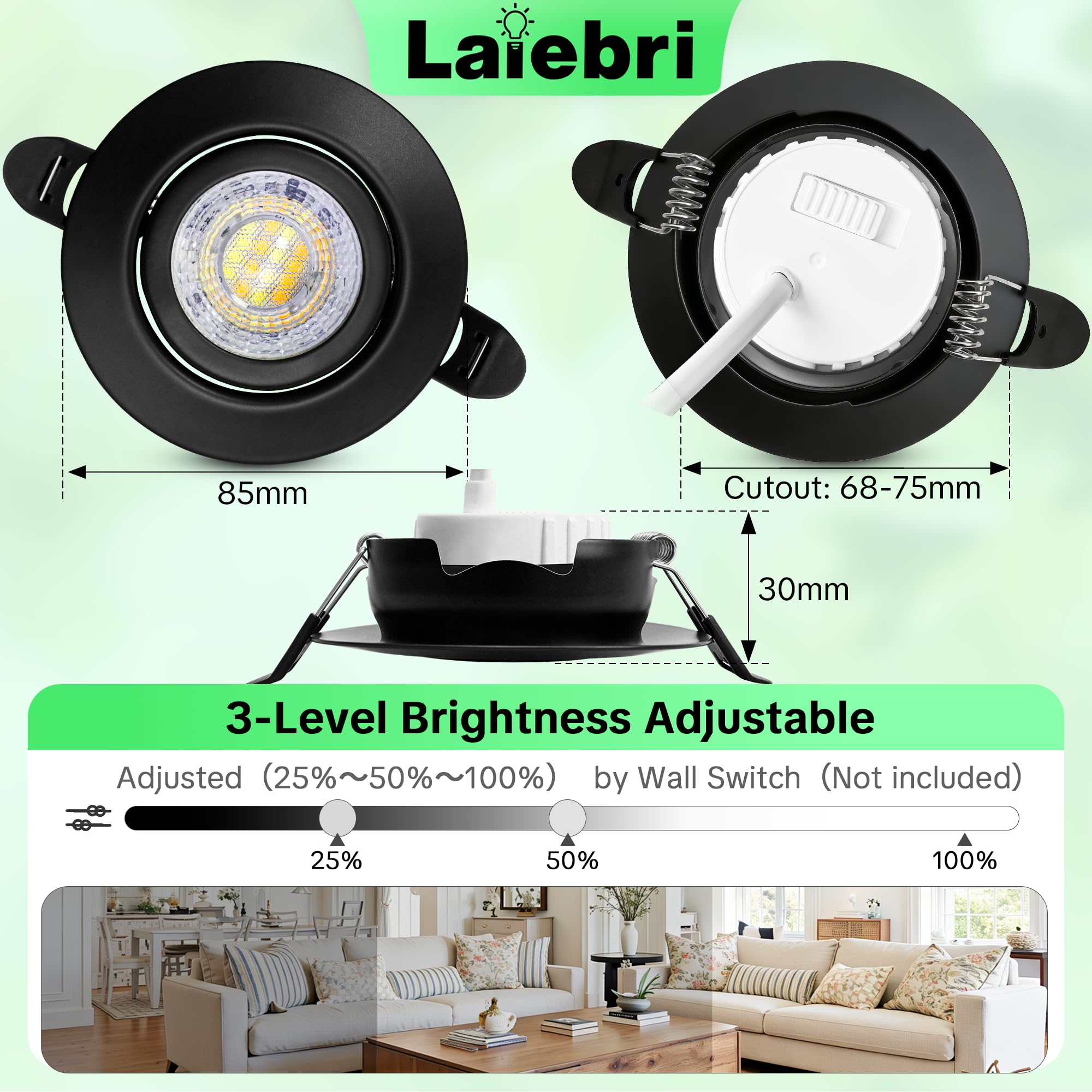 Focos empotrables LED, 230 V, regulables, 6 W, IP44, diámetro 68 mm, giratorios 38°, temperatura de color 3000 K/4000 K/6000 K, para baño, planos, negro, 10er