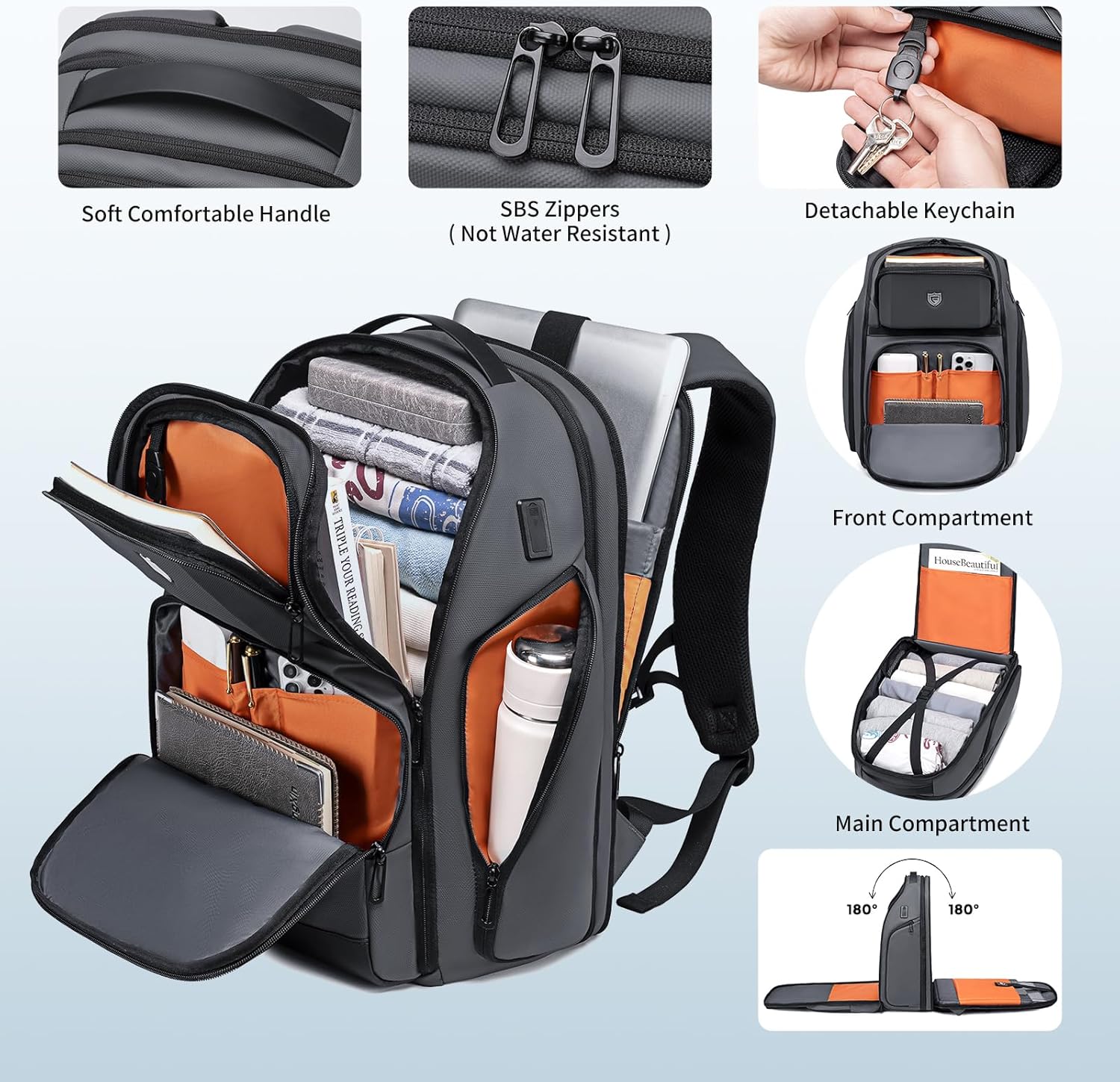 Fenree.geer Grey Business Backpack for Men, Fits 17 Inch Laptop Water Resistant 45L Travel Bag with USB Charging Port, Expandable Men's Backpack for Work/College/Commuter