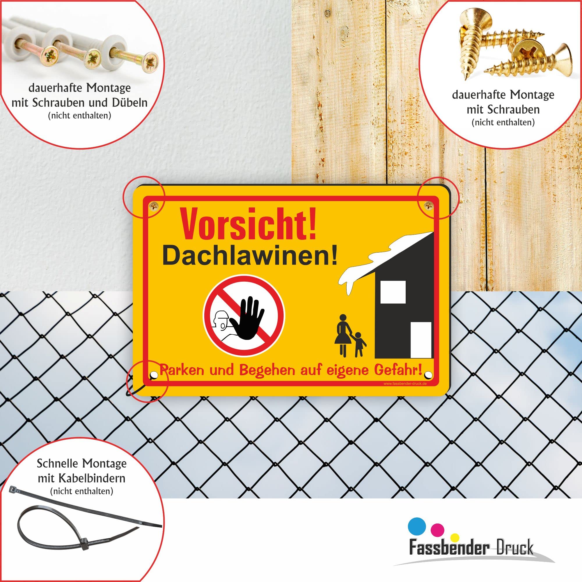 VORSICHT DACHLAWINEN Schild mit Bohrlöchern - vorgebohrtes Schild zum Markieren einer Gefahrenzone Privatweg/Begehen & Befahren auf eig. Gefahr (75x50cm Schild)