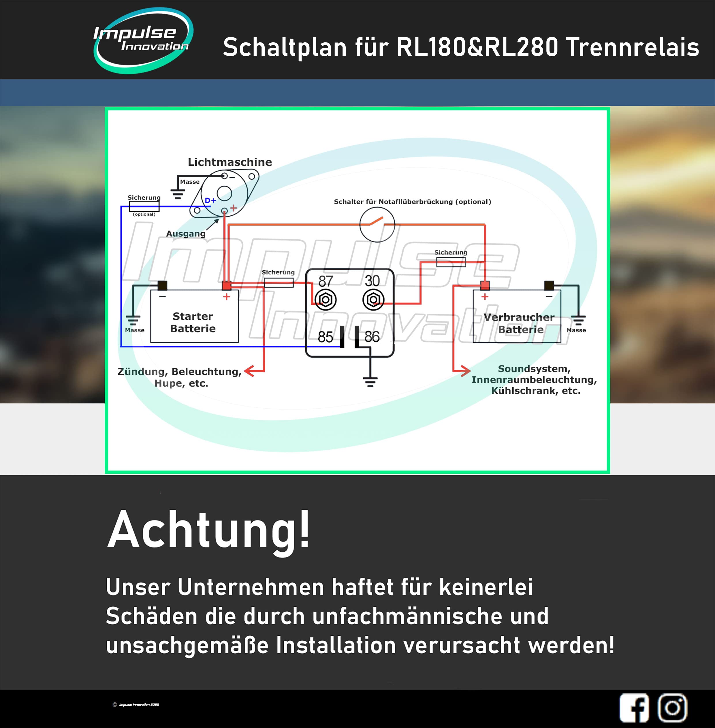 Zweitbatterieset RL180-12 PRO | Trennrelais 12 V 120 A | 3,5 m 10 mm² Vollkupfer-Kabelsatz | Batteriehalter BH-01 für VW T4 T5 T6