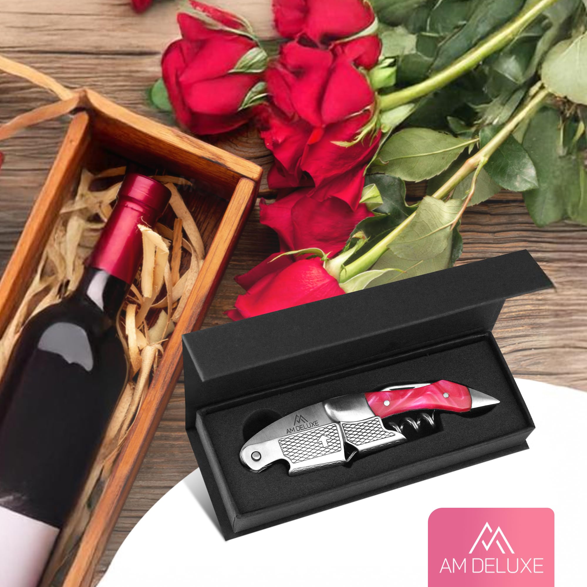 Sacacorchos para camareros, llave de vino para camareros, incrustaciones de acero inoxidable y resina, cortador de papel de aluminio dentado, abridor de botellas de vino de tornillo de