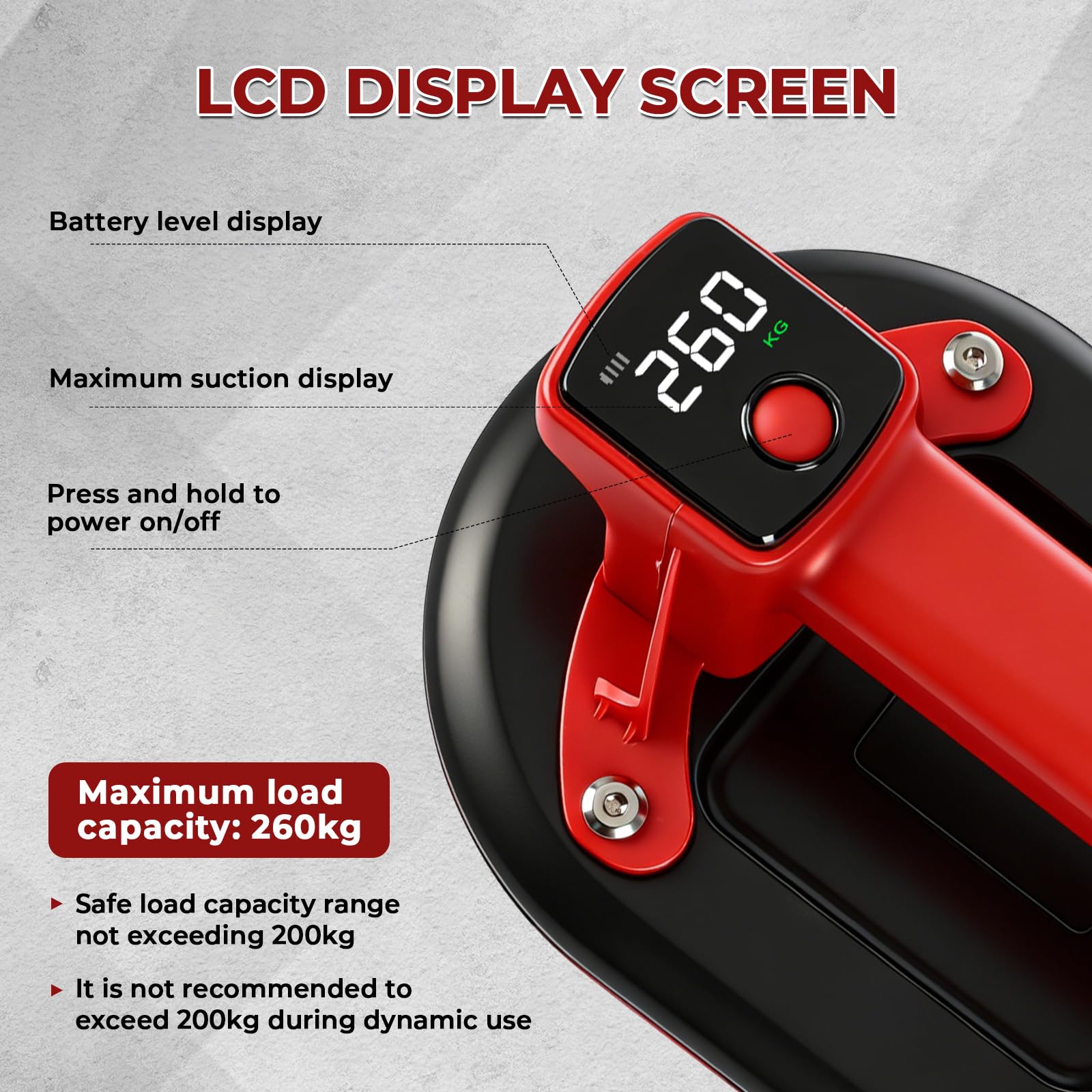 Ventosa a batteria, 260 kg, sollevatore a vuoto da 24 cm, con 2 x 3000 mAh batterie, con display LCD, ventosa per vetro per sollevare piastrelle, granito, specchi, lastre (EU)