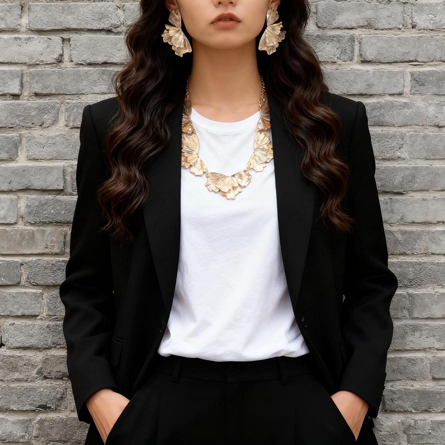 Jewelry Set for Women Irregular Geometric Flower Necklace and Leaf Earring Set Chunky Statement Necklace Sectored Petal Necklaces Jewelry - Image 3