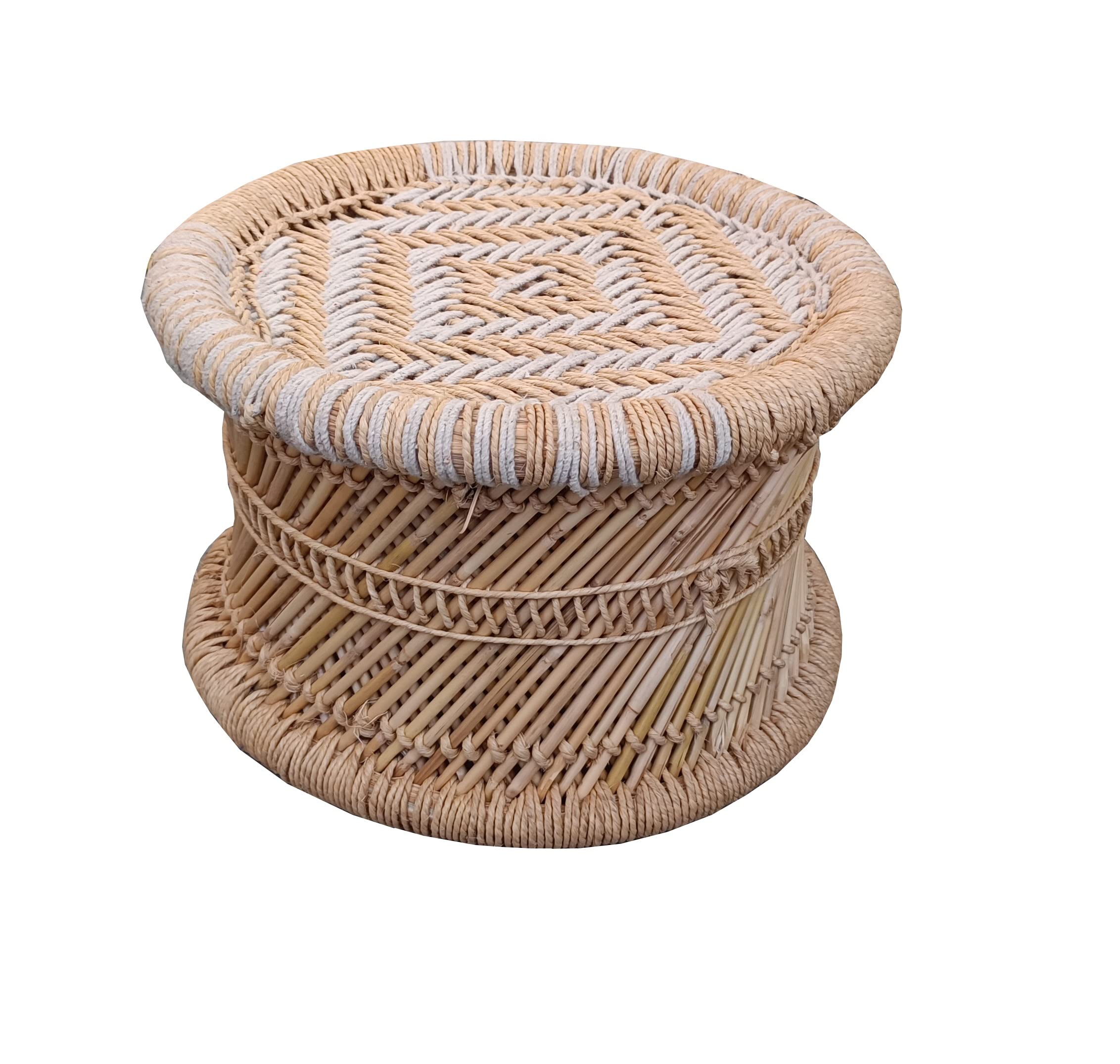 HeeMo Natural Bamboo (SARKANDA) Mudda Stool with Beige and White Color (10 X 13) Pack of 1