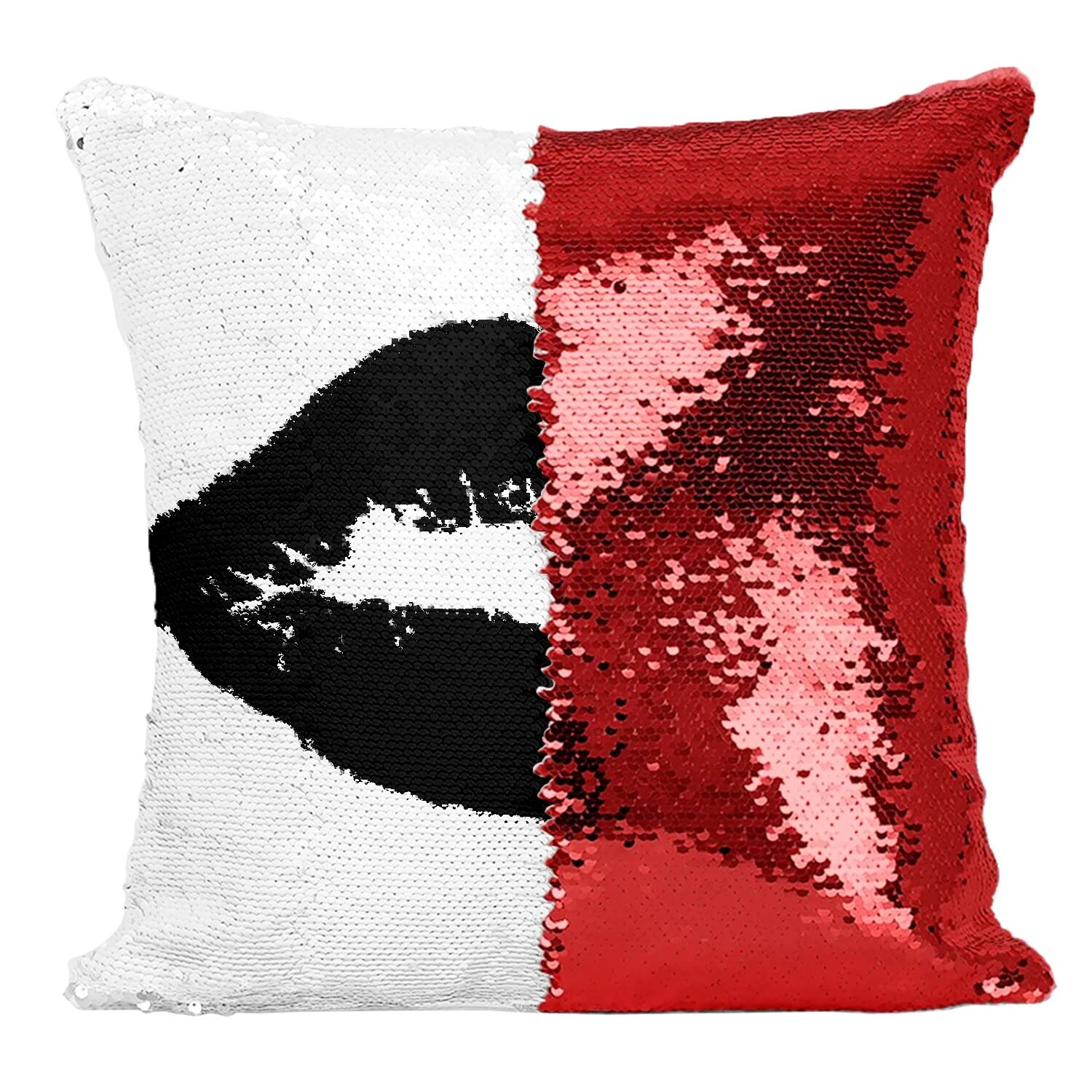 Coussin Paillettes Rouge Housse Sequin Lèvres Noir et Blanc Trace de Bisou
