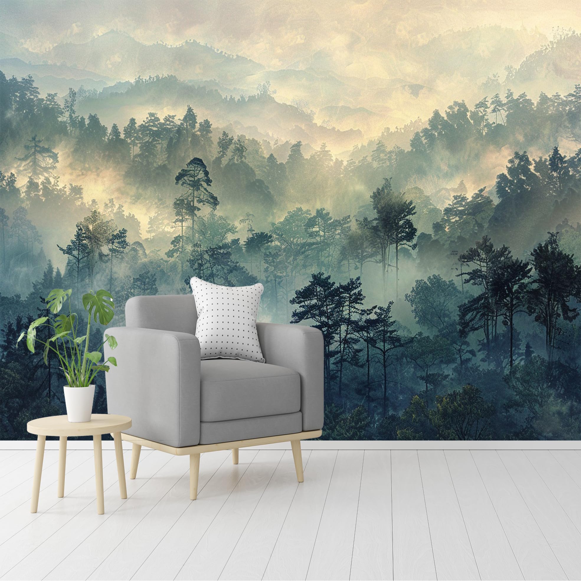 Custom Size Wall Murals,Misty Forest Landscape Self-Adhesive Removable Wall Covering Fabric, Large Photo Wallpaper for Living Room Bedroom Kitchen Office Kids.