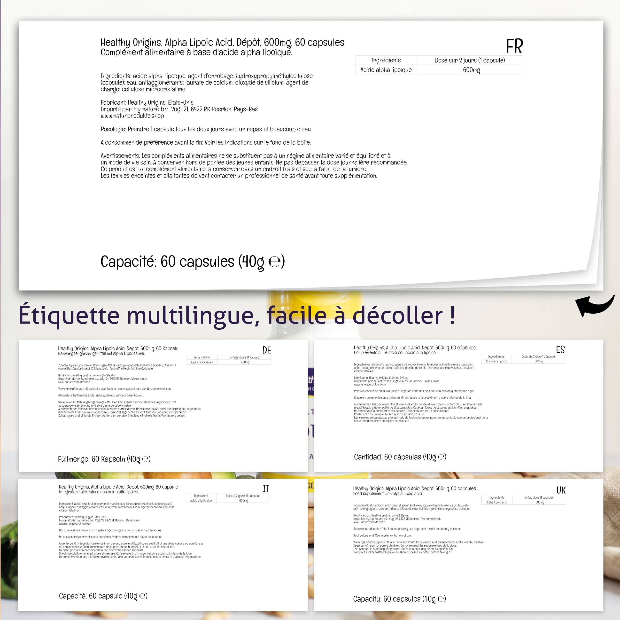 Healthy Origins Alpha-Lipoic Acid (acide alpha-lipoïque), 600mg, dépôt, 60 Gélules Végétaliennes, Végétarien, Sans Gluten, Sans Soja, Sans OGM