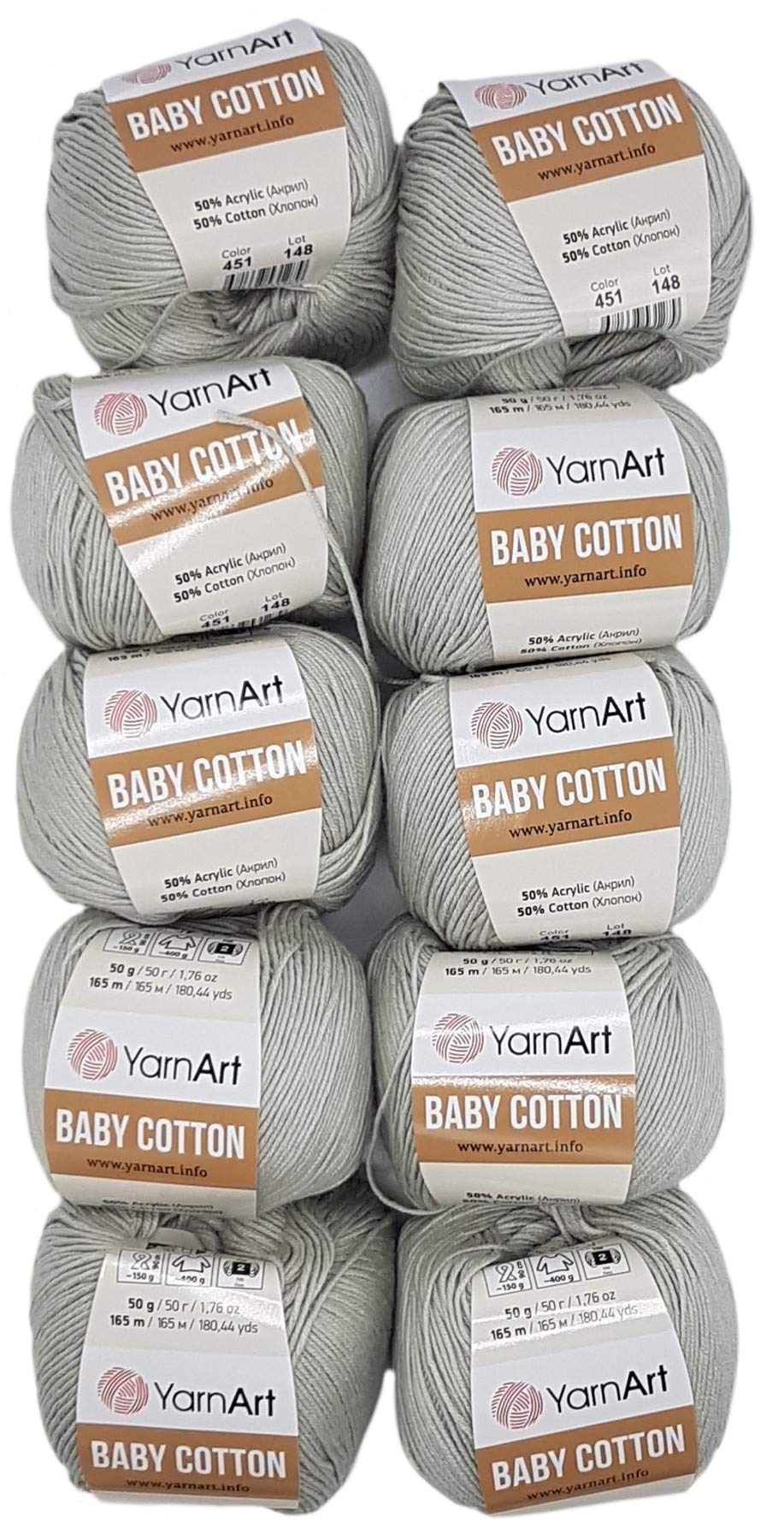 10 x 50g Strickwolle YarnArt Baby Cotton mit 50% Baumwolle, 500 Gramm Wolle einfarbig (grau 451)