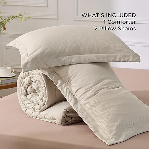 Miniatura 6 de Bedsure Juego de edredón tamaño California King, juego de edredón alternativo con patrón de cesta beige, relleno de edredón con costuras en caja,