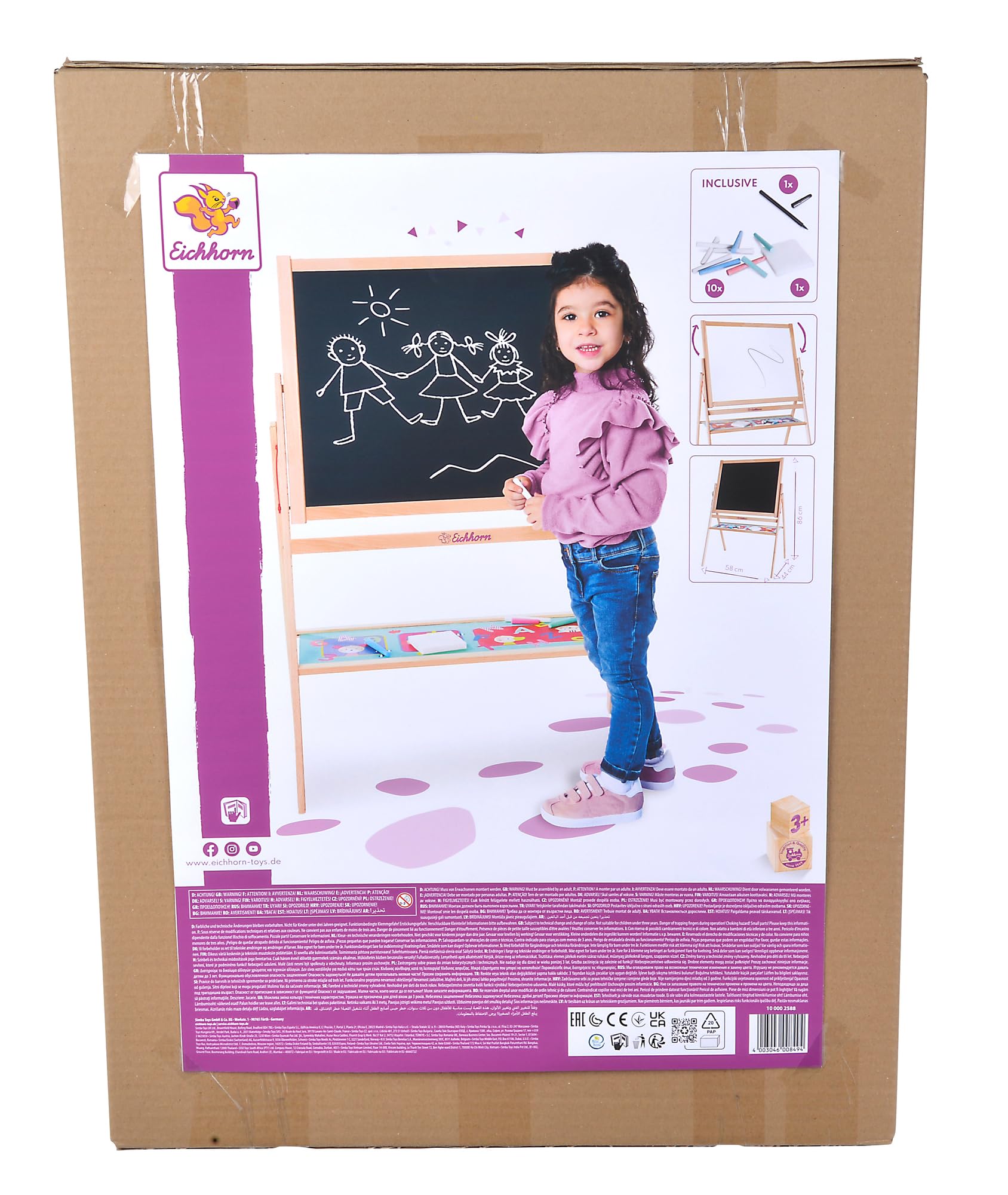 Eichhorn - Standtafel, Kindertafel mit 10 Kreiden, 1 Stift und Schwamm, zweiseitig beschreibbar, mit Ablage, drehbar, 13 teilig, 58x86 cm, aus Buchenholz, ab 3 Jahren, Bunt, 100002588